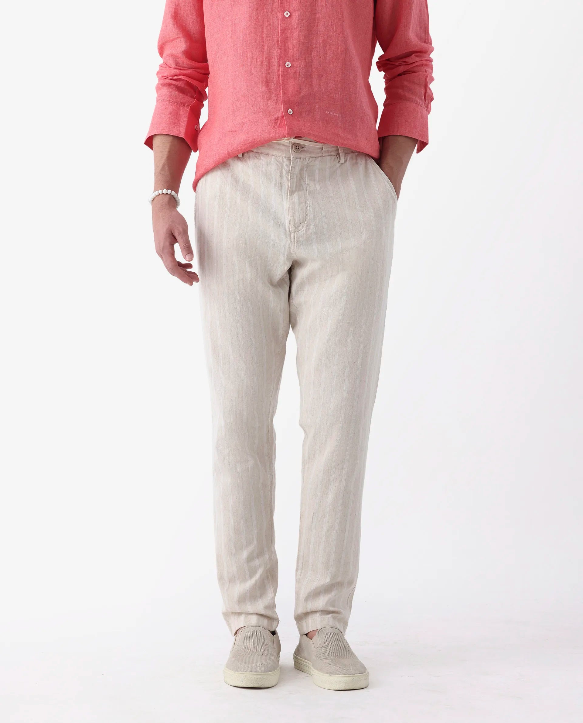 Rare Rabbit Men's Dano Beige Cotton Linen Stripes Trousers