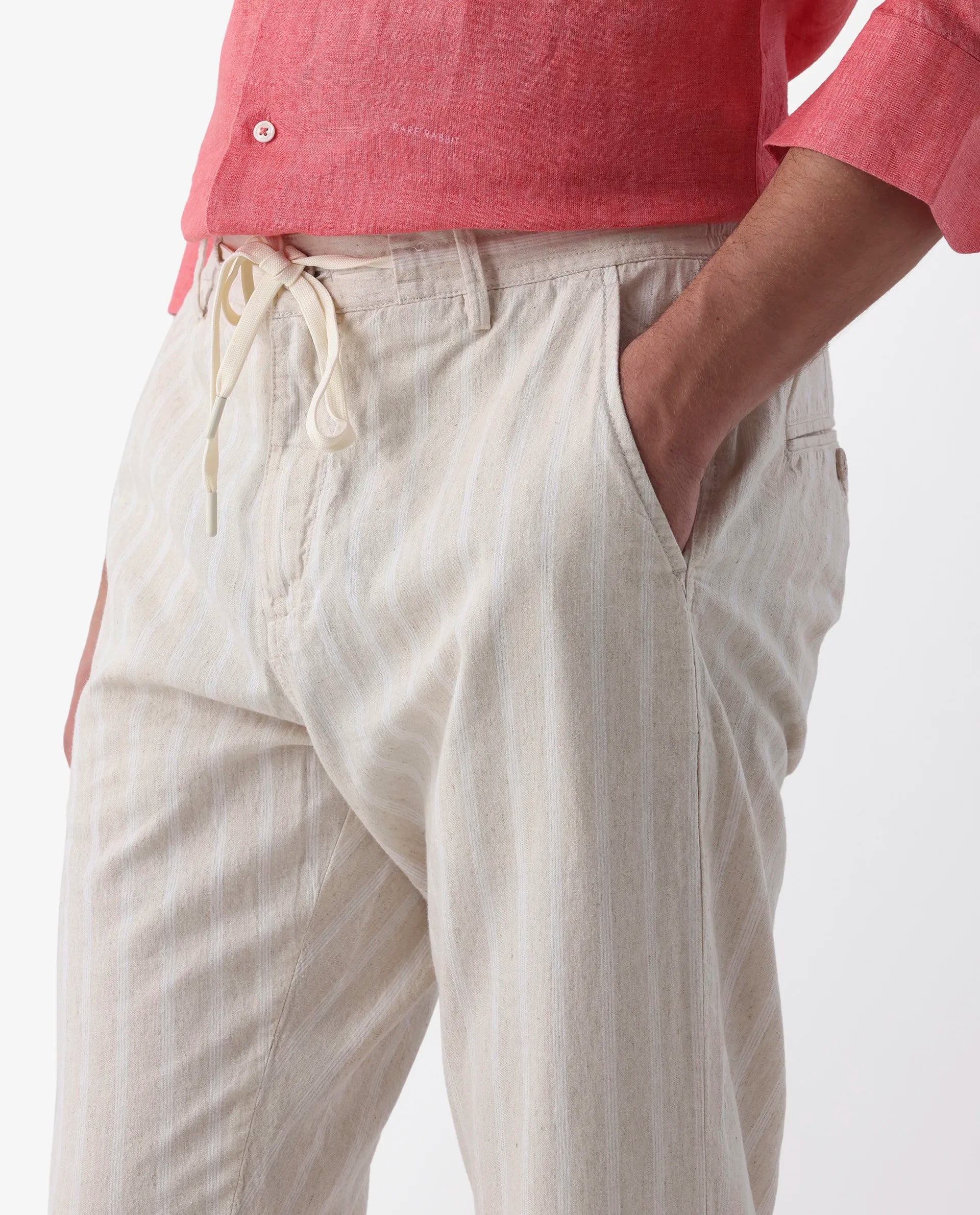 Rare Rabbit Men's Dano Beige Cotton Linen Stripes Trousers