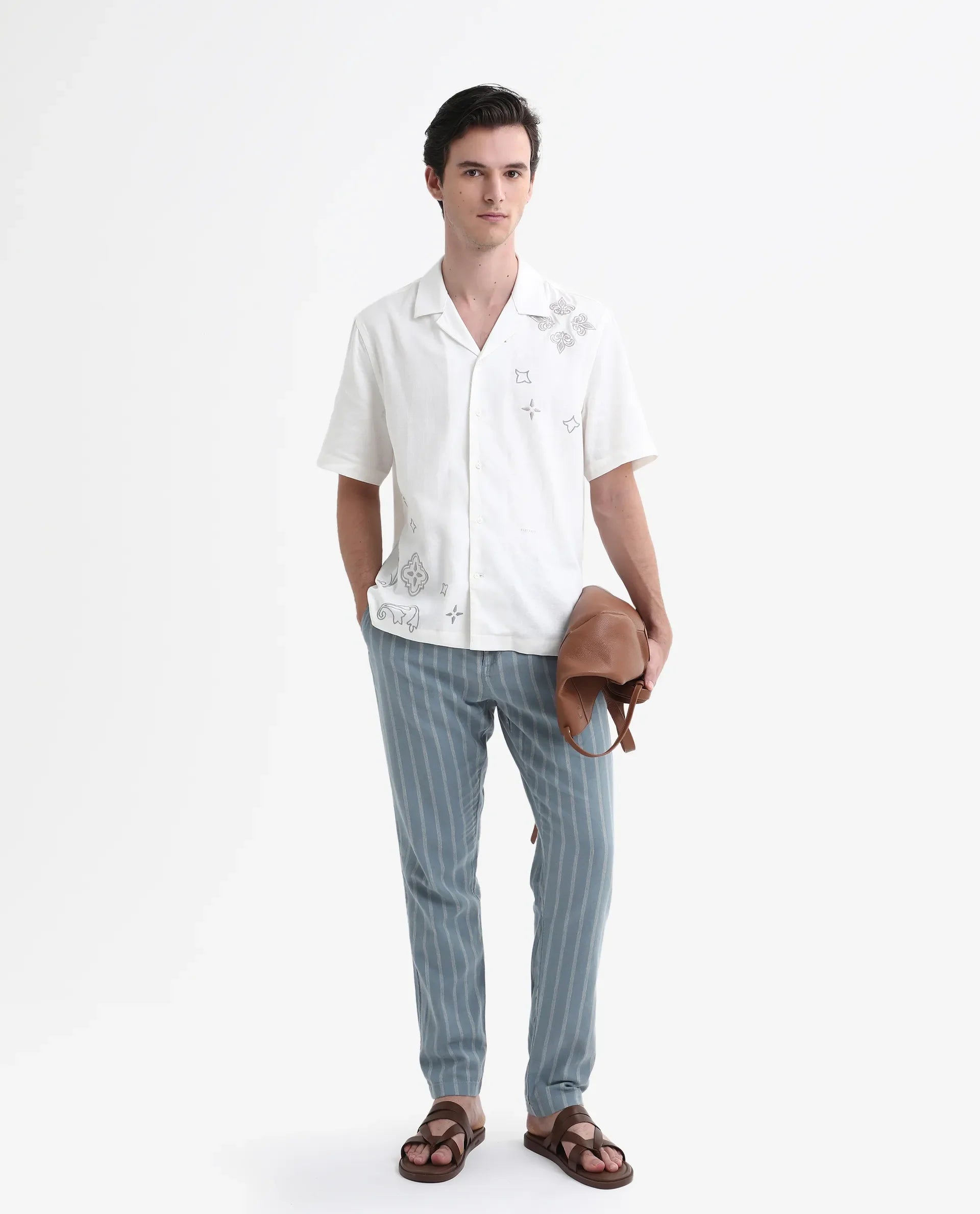 Rare Rabbit Men's Dano Light Blue Cotton Linen Stripes Trousers