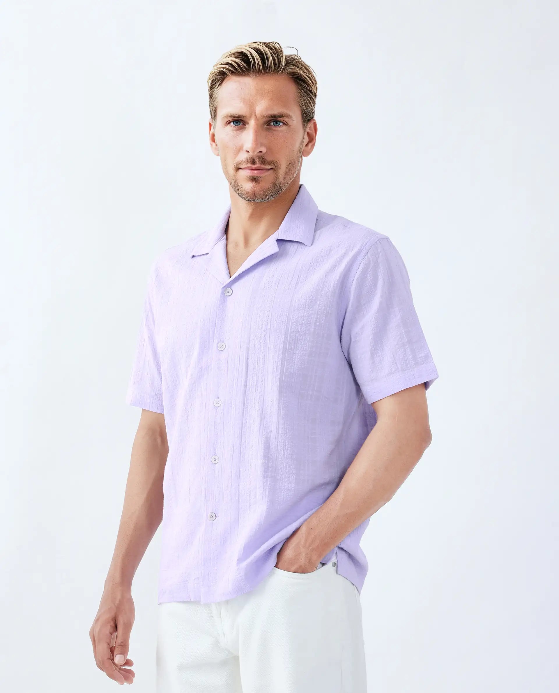 Rare Rabbit Men's Dara Pastel Purple Cotton Fabric Half Sleeve Cuban Collar Button Closure Boxy Fit Checked Shirt