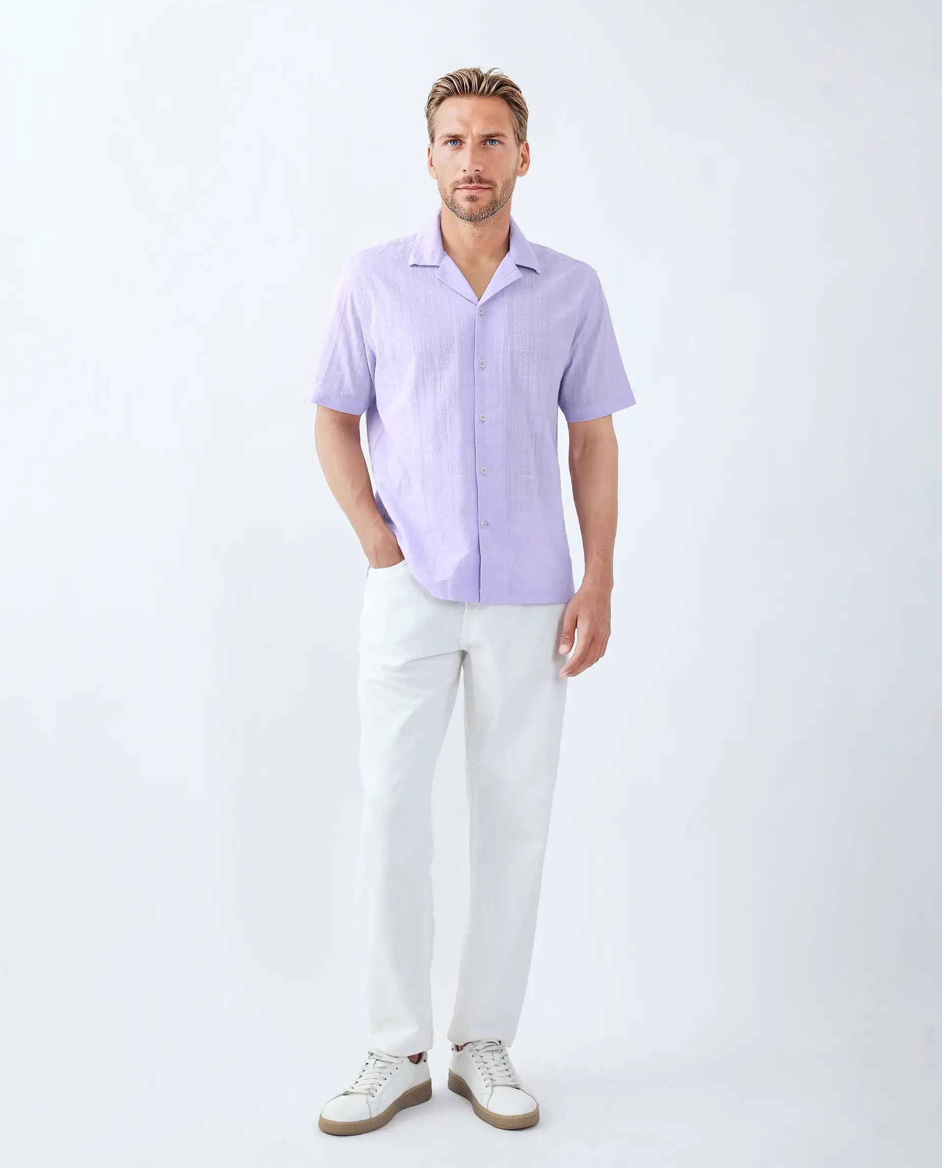 Rare Rabbit Men's Dara Pastel Purple Cotton Fabric Half Sleeve Cuban Collar Button Closure Boxy Fit Checked Shirt
