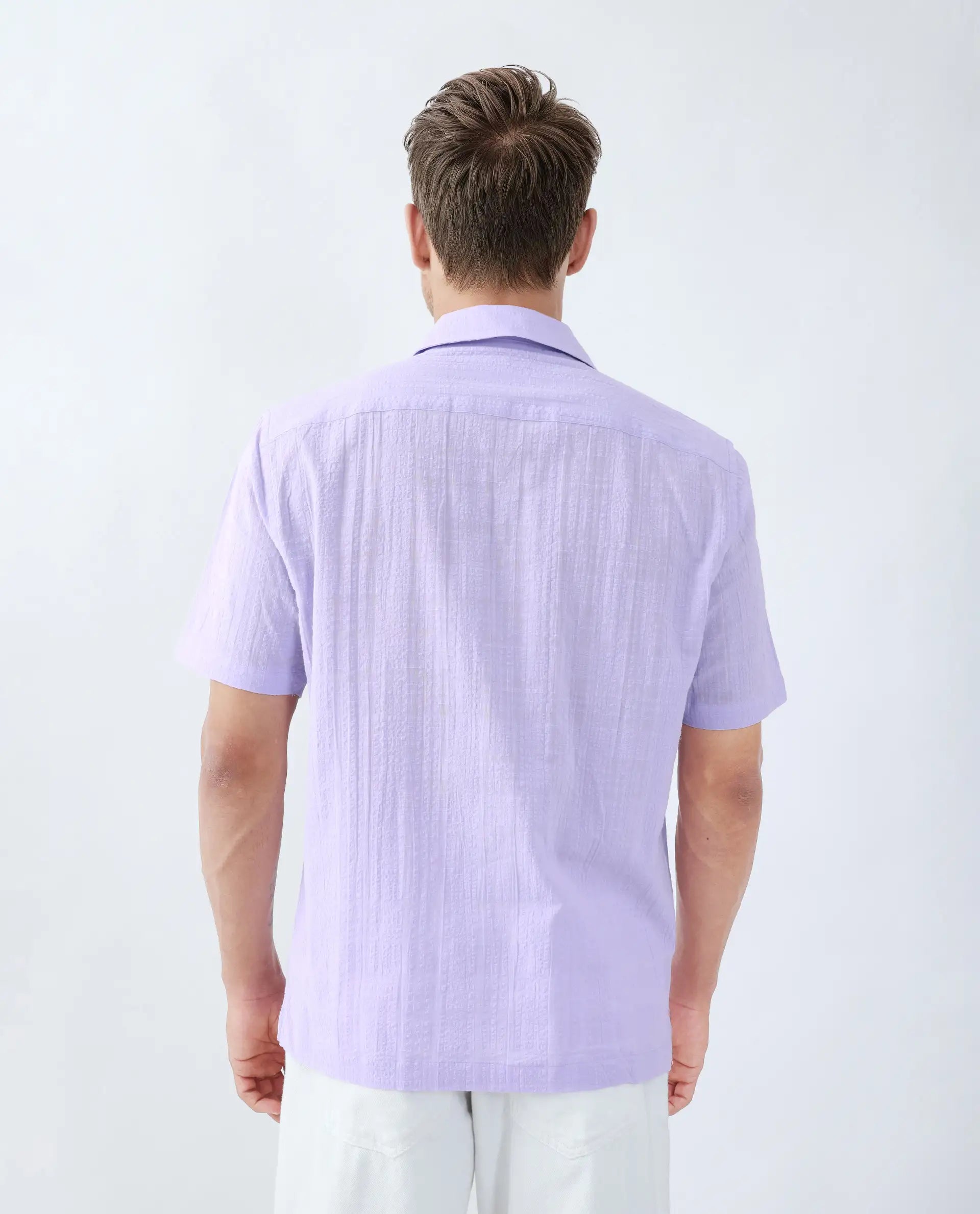 Rare Rabbit Men's Dara Pastel Purple Cotton Fabric Half Sleeve Cuban Collar Button Closure Boxy Fit Checked Shirt
