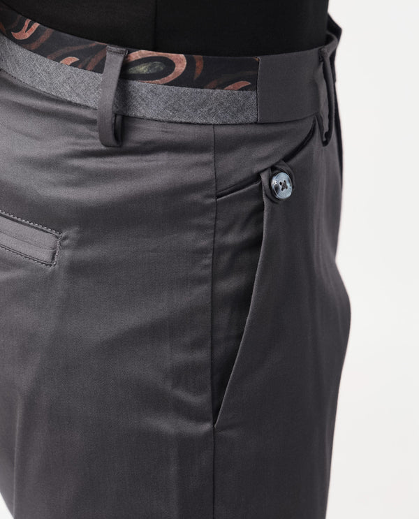 Rare Rabbit Men's Daron Grey Solid Mid-Rise Regular Fit Stretch Trousers
