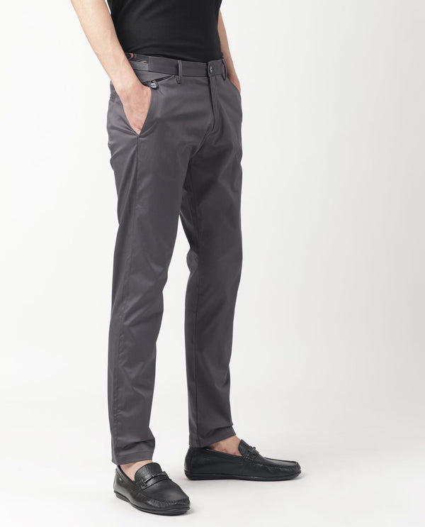 Rare Rabbit Men's Daron Grey Solid Mid-Rise Regular Fit Stretch Trousers
