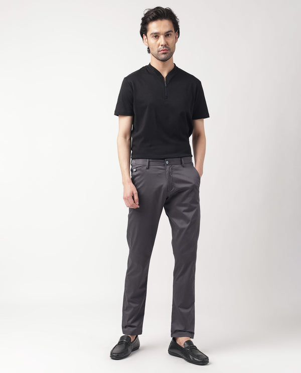 Rare Rabbit Men's Daron Grey Solid Mid-Rise Regular Fit Stretch Trousers