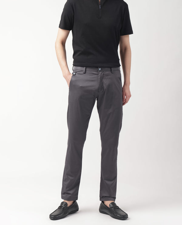 Rare Rabbit Men's Daron Grey Solid Mid-Rise Regular Fit Stretch Trousers