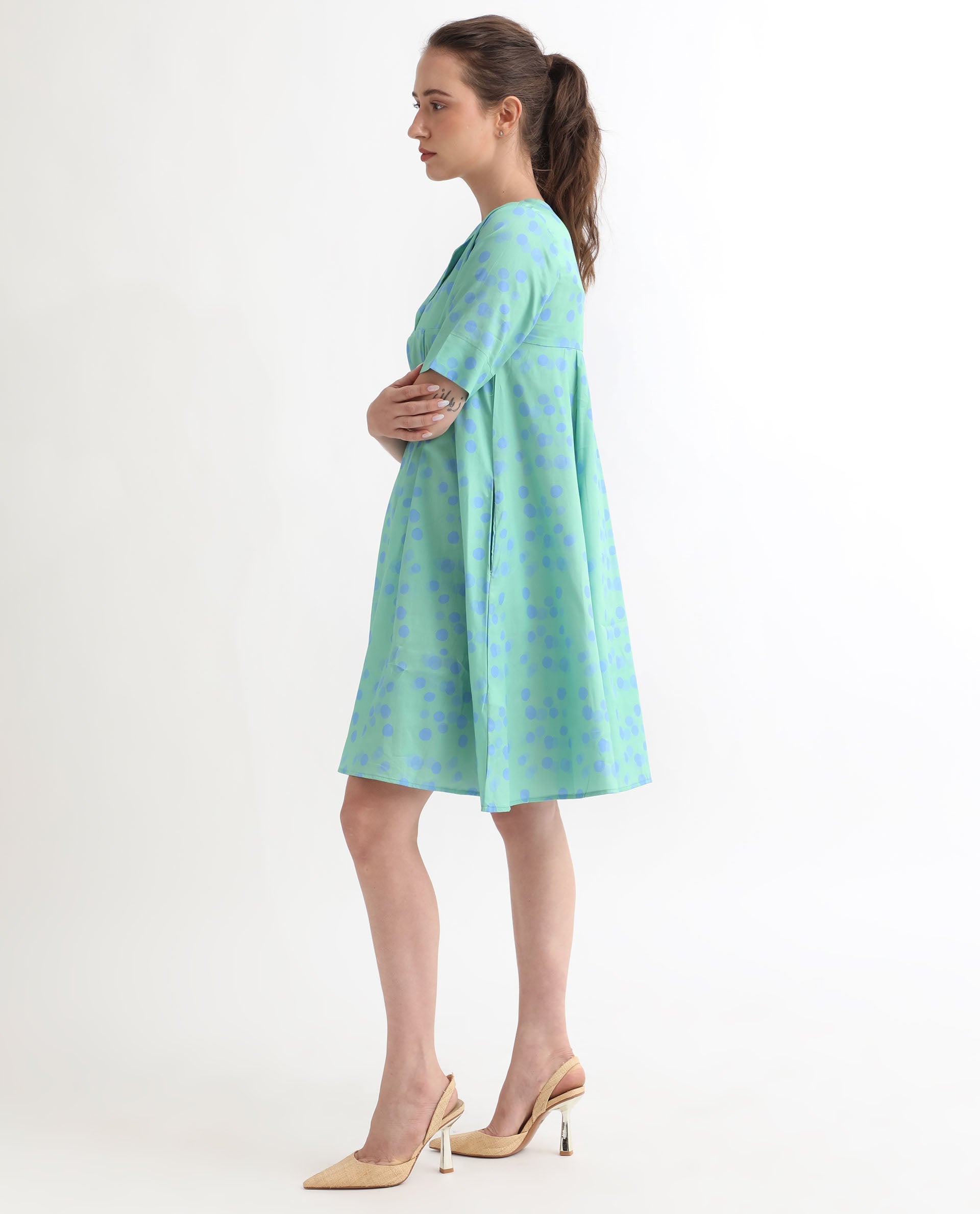 Rareism Women Davidson Dusky Green Cotton Fabric Short Sleeves Over Lap Flared Fit Polka Short Empire Dress