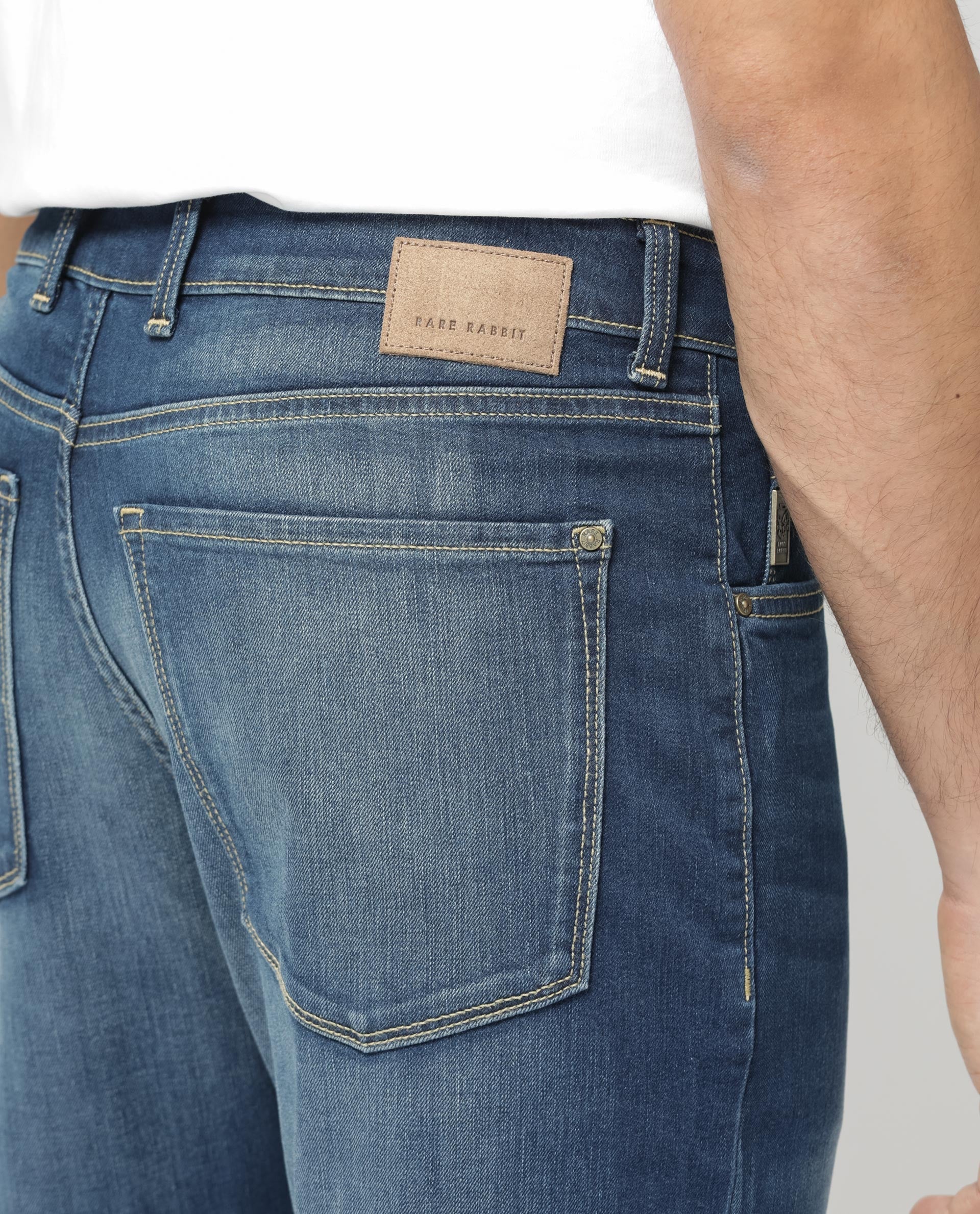 Rare Rabbit Mens Dieme Blue Cotton Polyester Solid Regular Fit Jeans