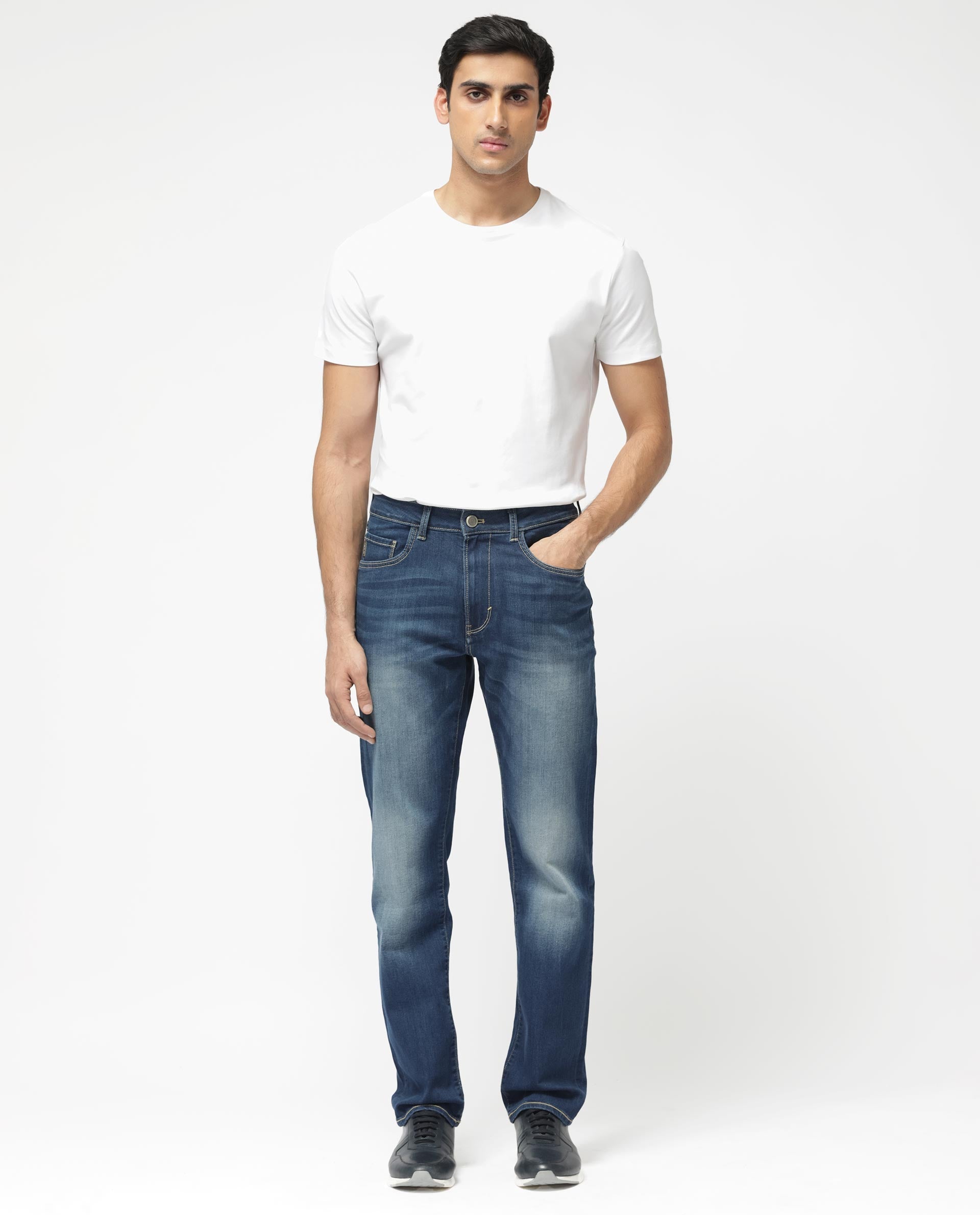 Rare Rabbit Mens Dieme Blue Cotton Polyester Solid Regular Fit Jeans