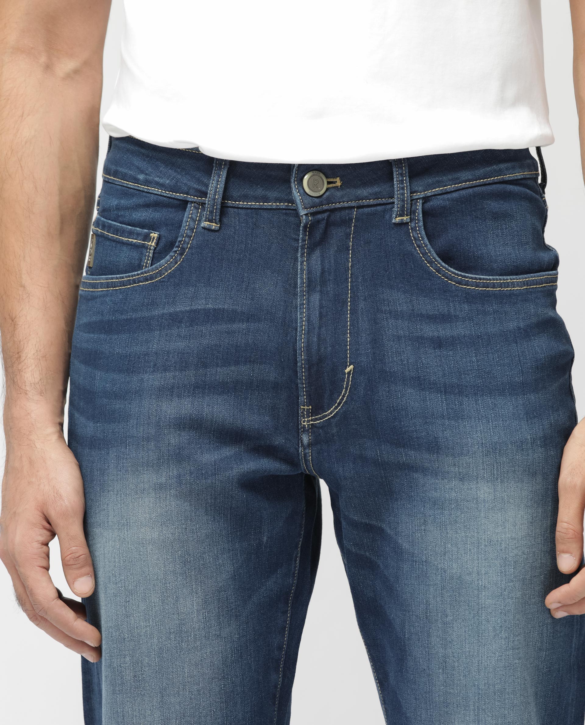 Rare Rabbit Mens Dieme Blue Cotton Polyester Solid Regular Fit Jeans