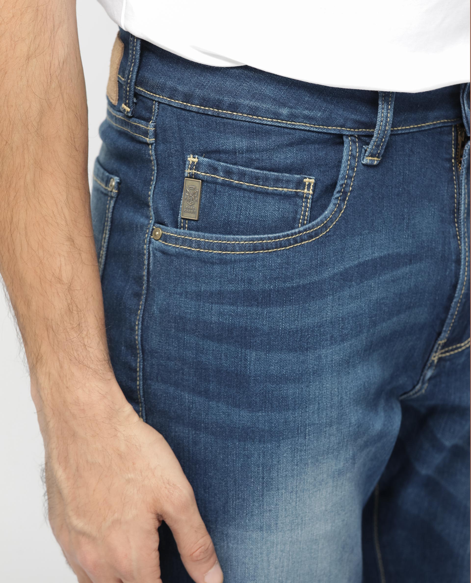 Rare Rabbit Mens Dieme Blue Cotton Polyester Solid Regular Fit Jeans