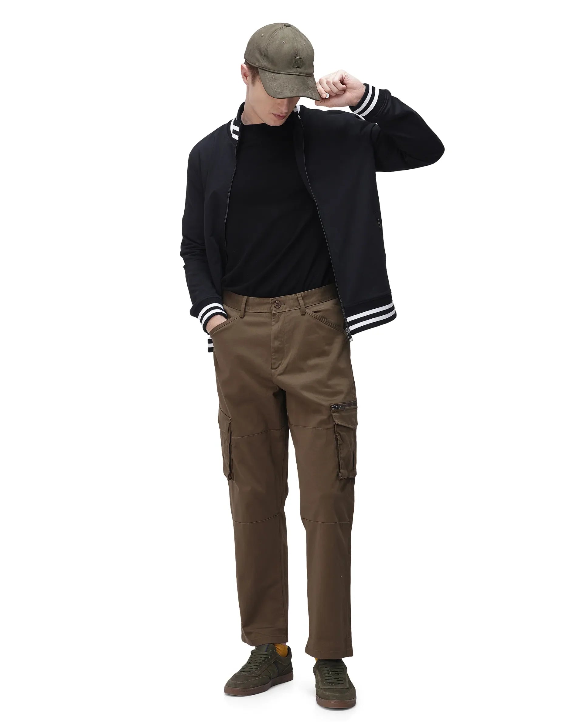 Rare Rabbit Men's Dima Dark Olive Cotton Elastane Fabric Button And Zip Closure Cargo Trouser