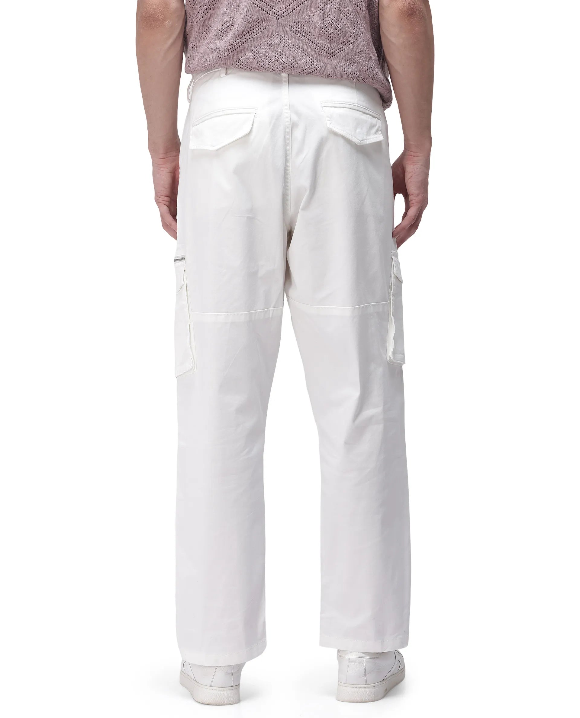 Rare Rabbit Men's Dima White Cotton Elastane Fabric Button And Zip Closure Cargo Trouser