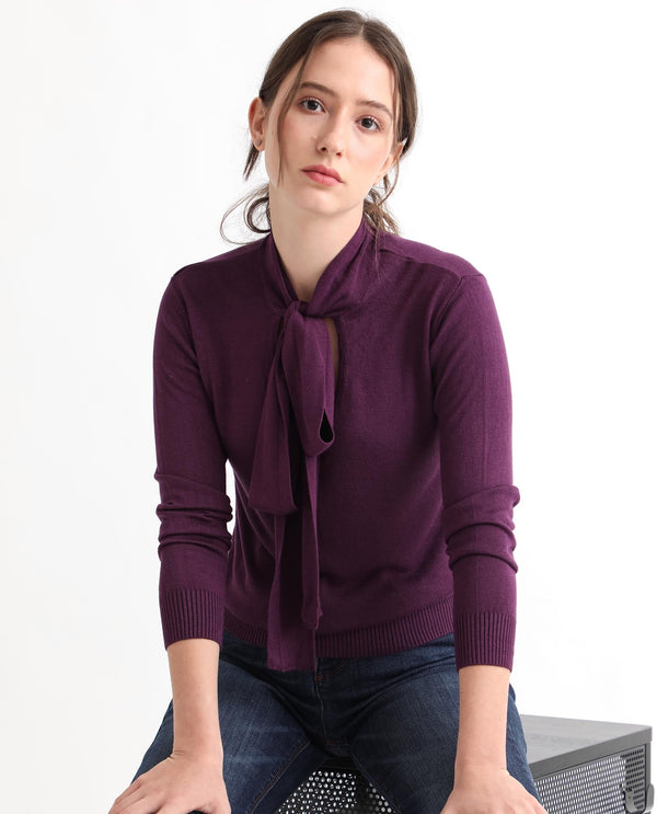 Rareism Women Dolce Purple Viscose Fabric Full Sleeves Regular Fit Solid Tie-Up Neck Sweater