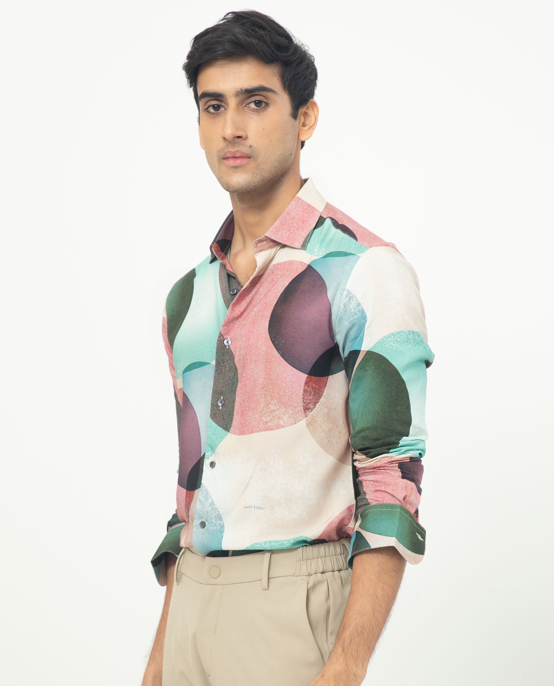 Rare Rabbit Men's Drent Multi Viscose Fabric Overlapped Polka Print Full Sleeves Shirt
