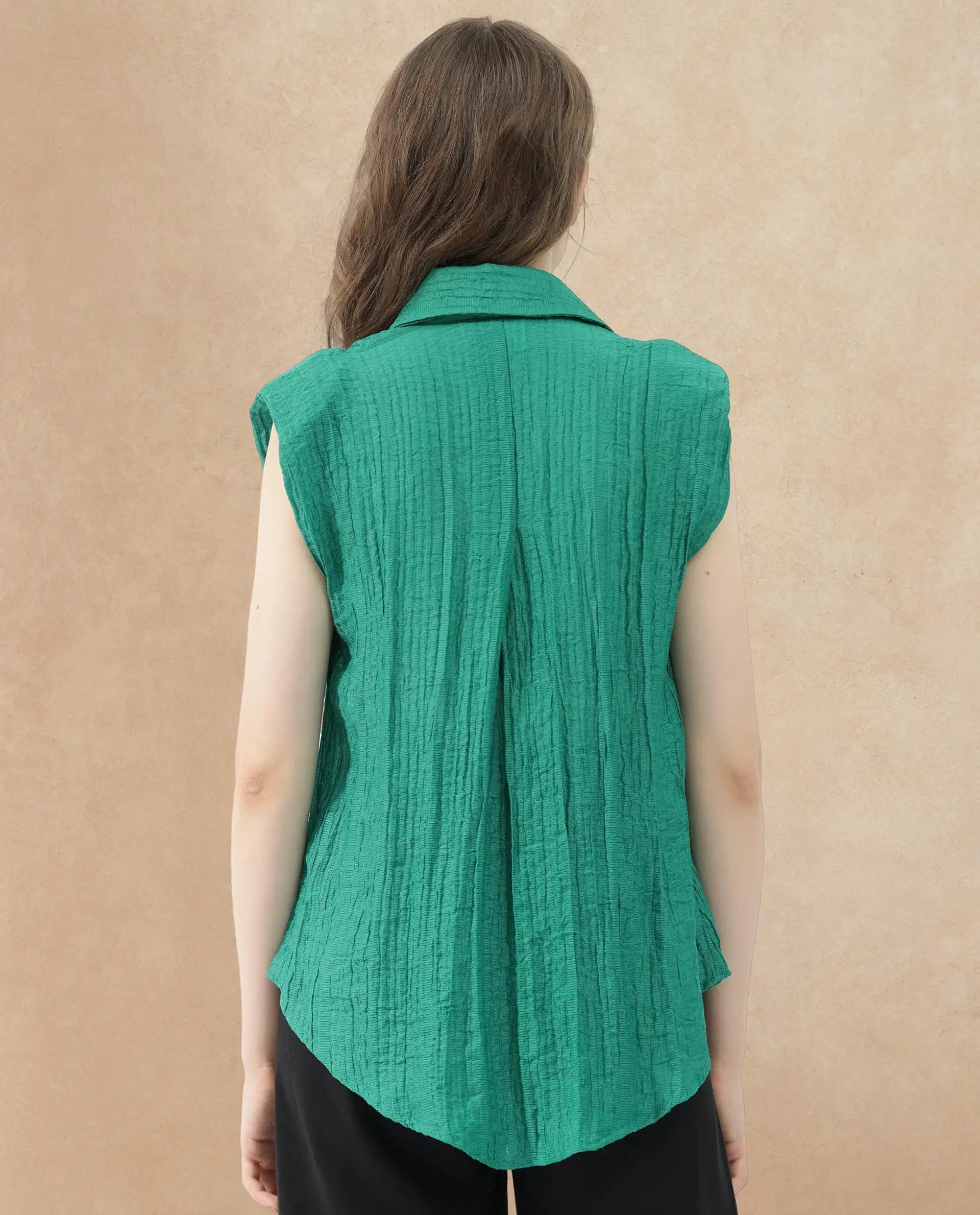 Rareism Women Drummy Green Rayon Nylon Fabric Sleeveless Collared Neck Solid Regular Length Top