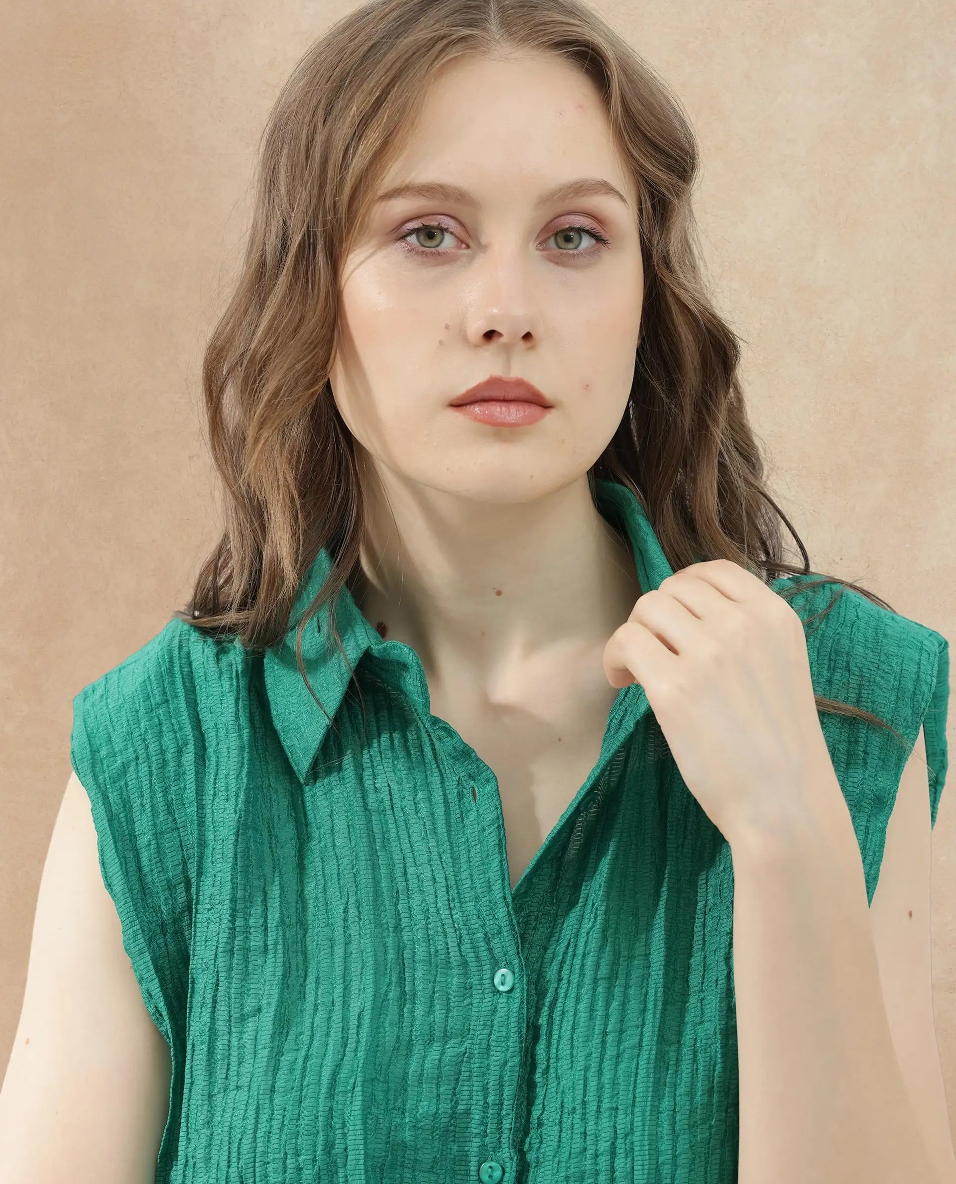 Rareism Women Drummy Green Rayon Nylon Fabric Sleeveless Collared Neck Solid Regular Length Top