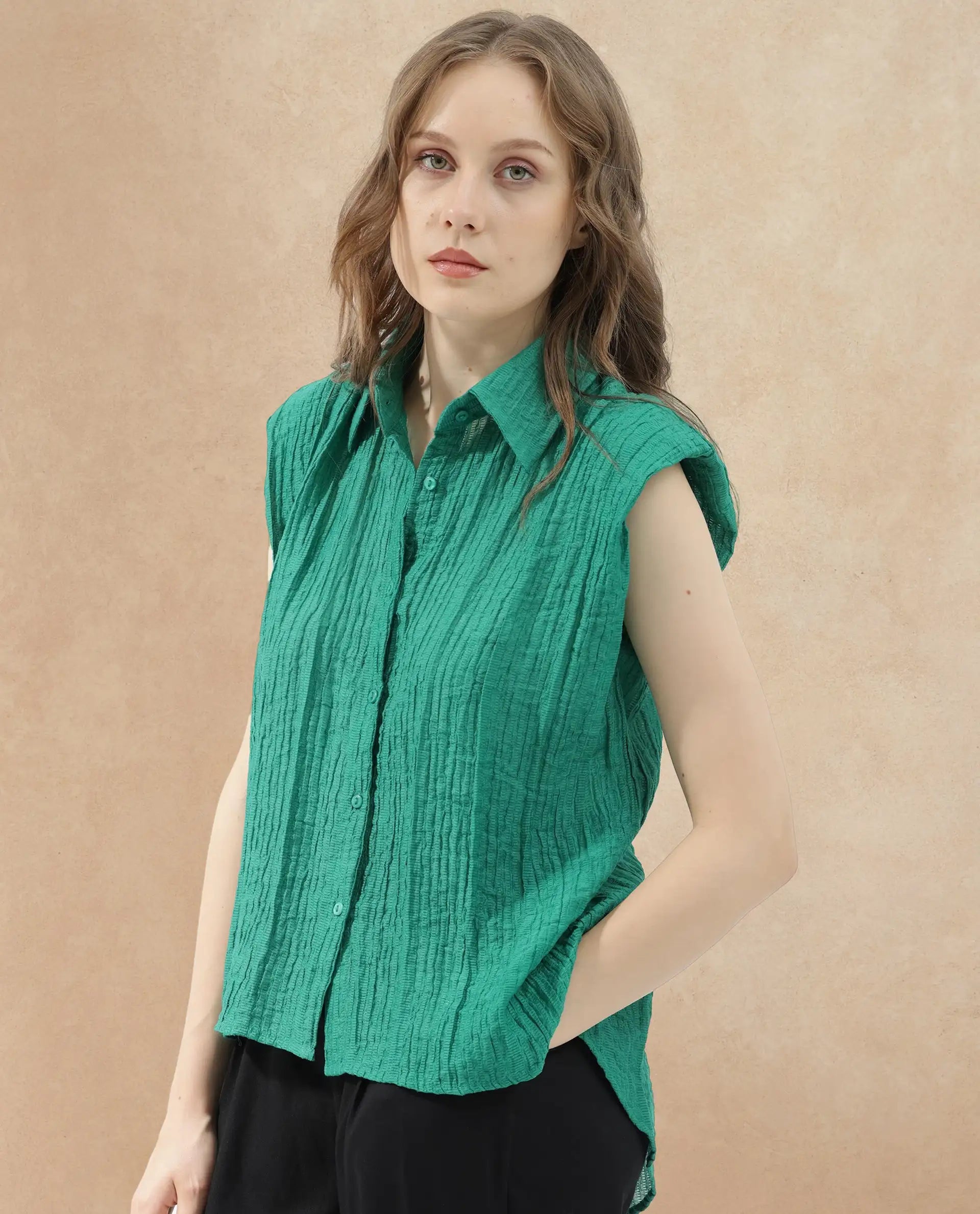 Rareism Women Drummy Green Rayon Nylon Fabric Sleeveless Collared Neck Solid Regular Length Top