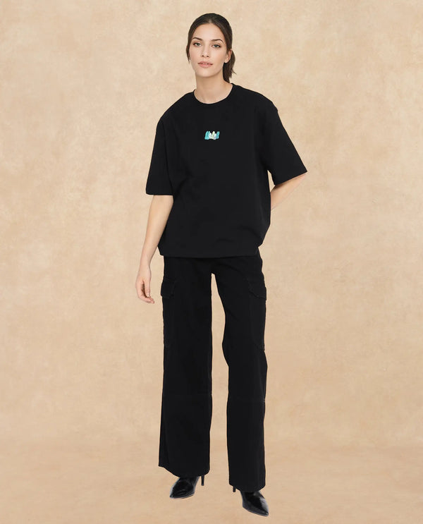 Rareism Women Earl Black Cotton Fabric Short Sleeve Crew Neck Solid T-Shirt