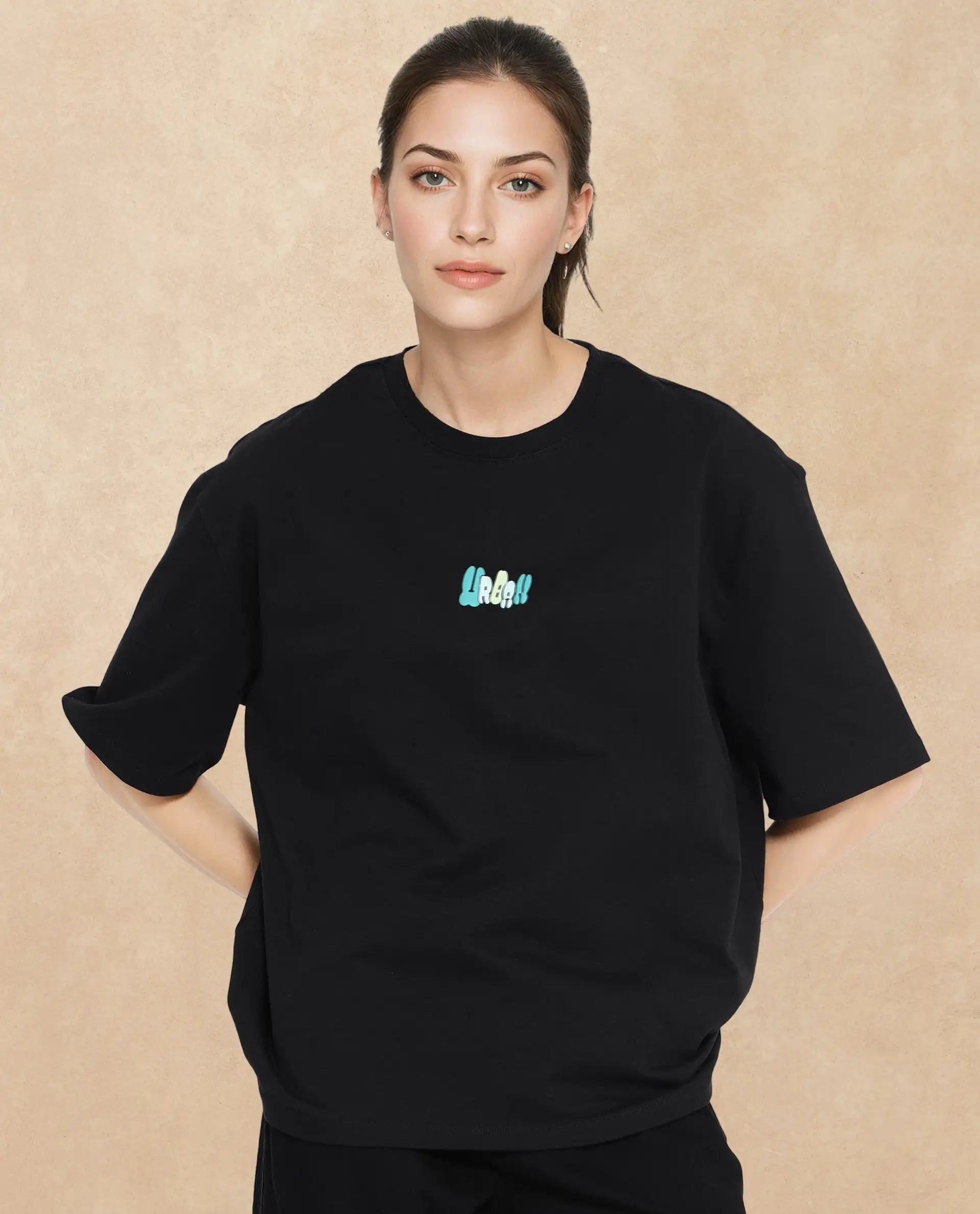 Rareism Women Earl Black Cotton Fabric Short Sleeve Crew Neck Solid T-Shirt