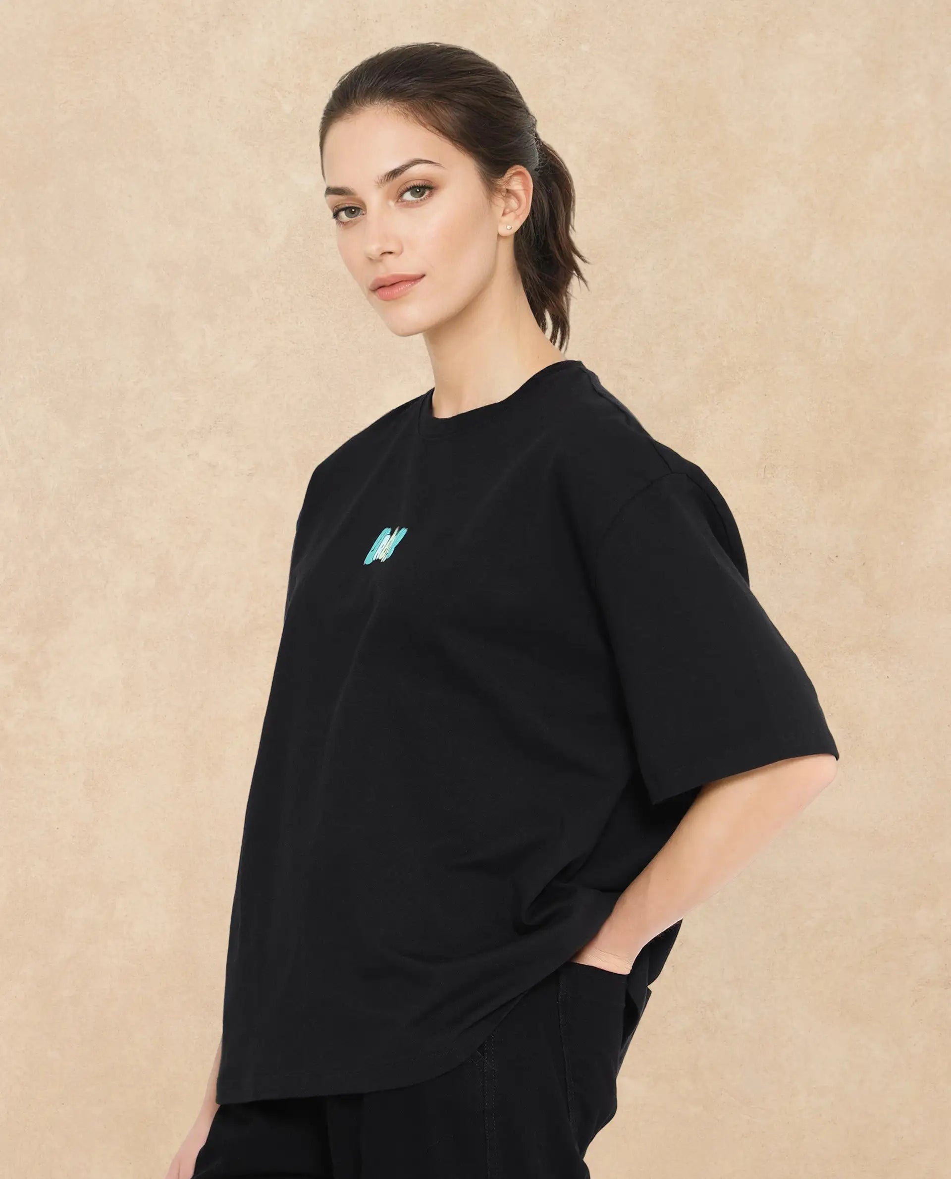 Rareism Women Earl Black Cotton Fabric Short Sleeve Crew Neck Solid T-Shirt