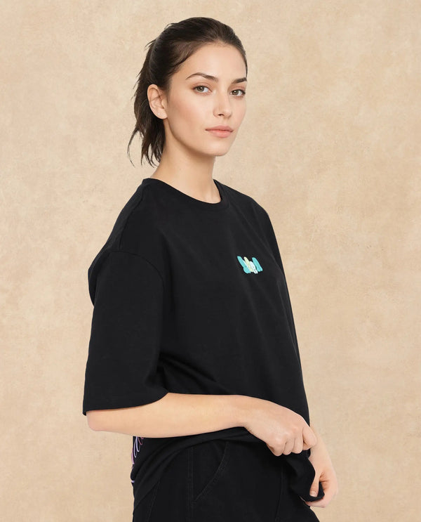 Rareism Women Earl Black Cotton Fabric Short Sleeve Crew Neck Solid T-Shirt