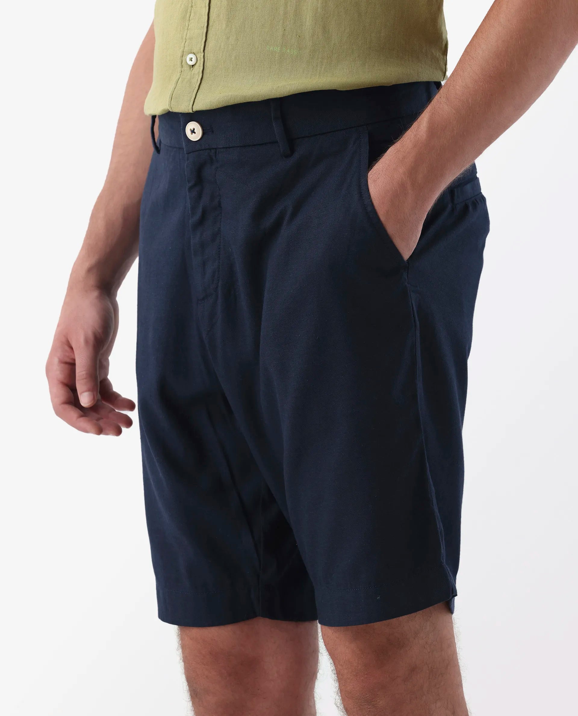 Rare Rabbit Men's Edam Navy Lyocell Cotton Linen Fabric Knee Length Relaxed Fit Solid Shorts