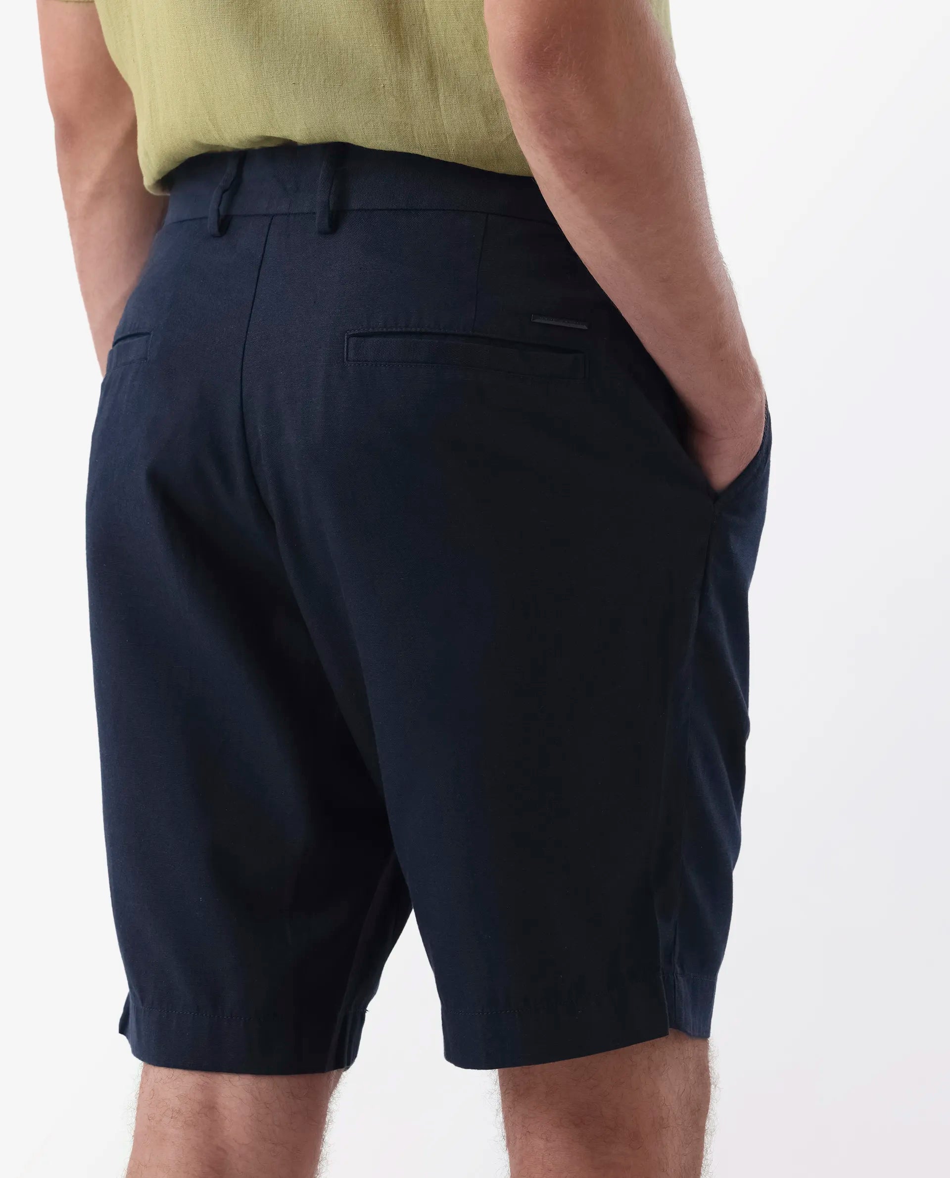 Rare Rabbit Men's Edam Navy Lyocell Cotton Linen Fabric Knee Length Relaxed Fit Solid Shorts