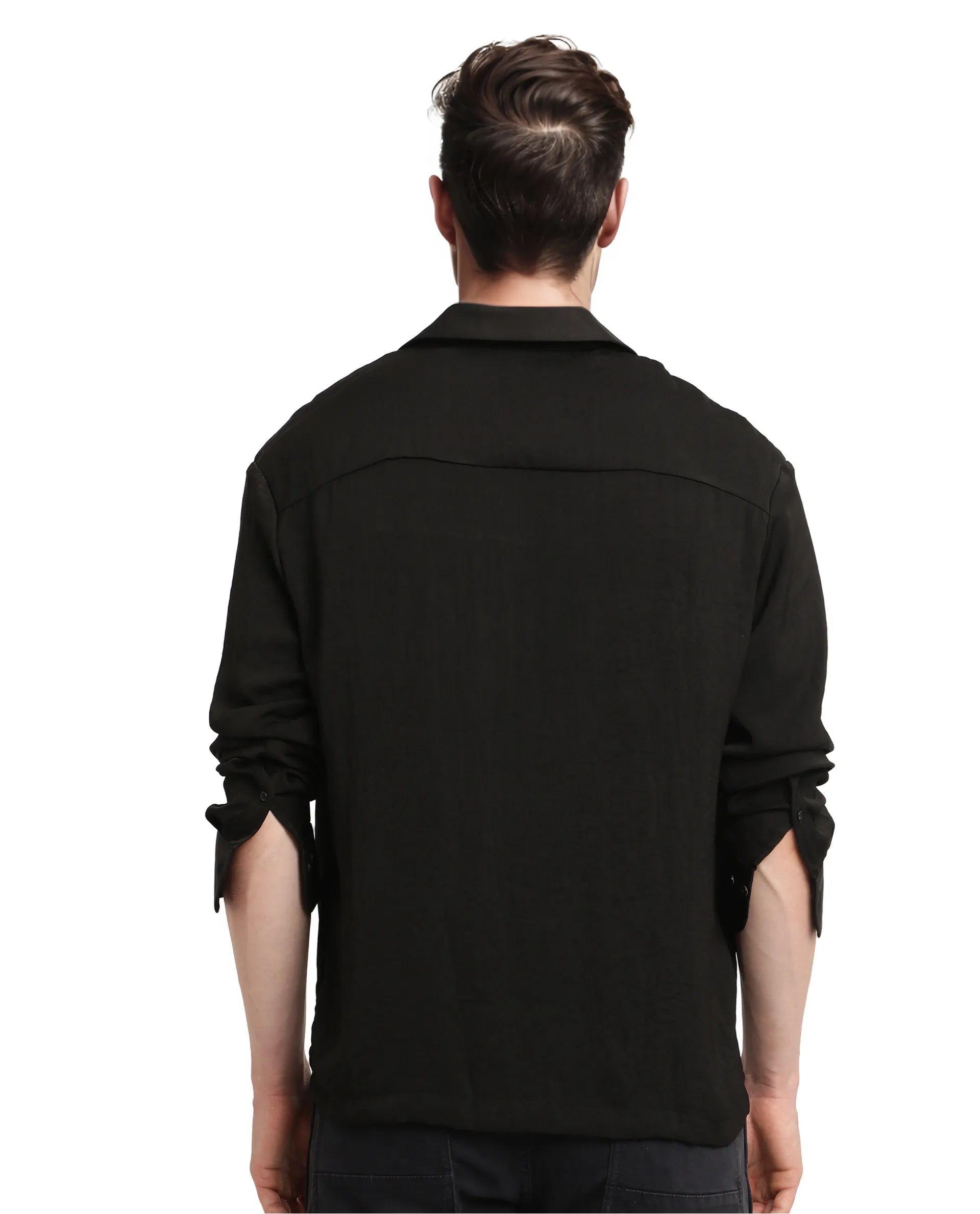 Rare Rabbit Articale Men's Enzo Black Polyester Fabric Full Sleeve Cuban Collar Slim Fit Solid Shirt