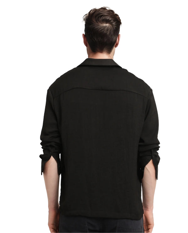 Rare Rabbit Articale Men's Enzo Black Polyester Fabric Full Sleeve Cuban Collar Slim Fit Solid Shirt