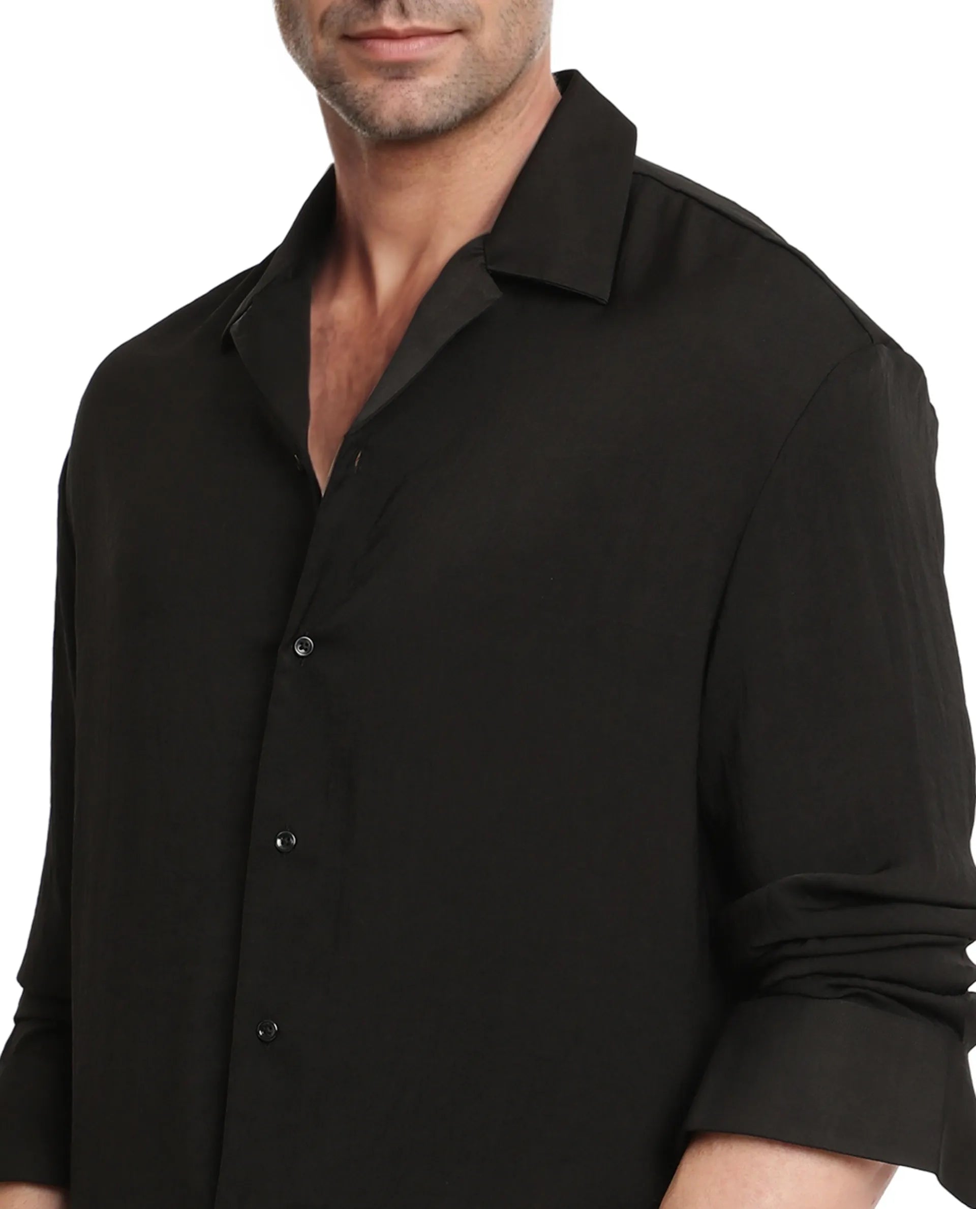 Rare Rabbit Articale Men's Enzo Black Polyester Fabric Full Sleeve Cuban Collar Slim Fit Solid Shirt