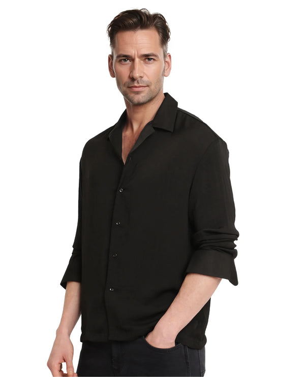Rare Rabbit Articale Men's Enzo Black Polyester Fabric Full Sleeve Cuban Collar Slim Fit Solid Shirt