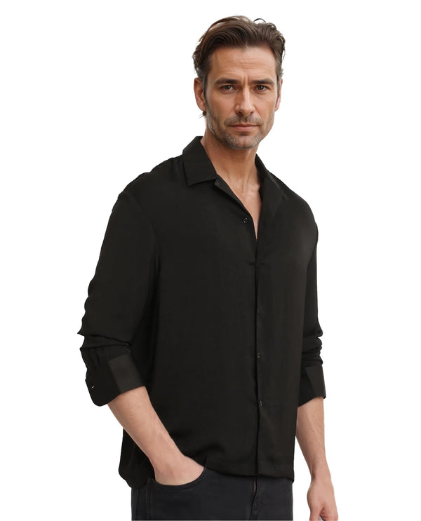 Rare Rabbit Articale Men's Enzo Black Polyester Fabric Full Sleeve Cuban Collar Slim Fit Solid Shirt