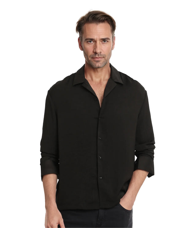 Rare Rabbit Articale Men's Enzo Black Polyester Fabric Full Sleeve Cuban Collar Slim Fit Solid Shirt