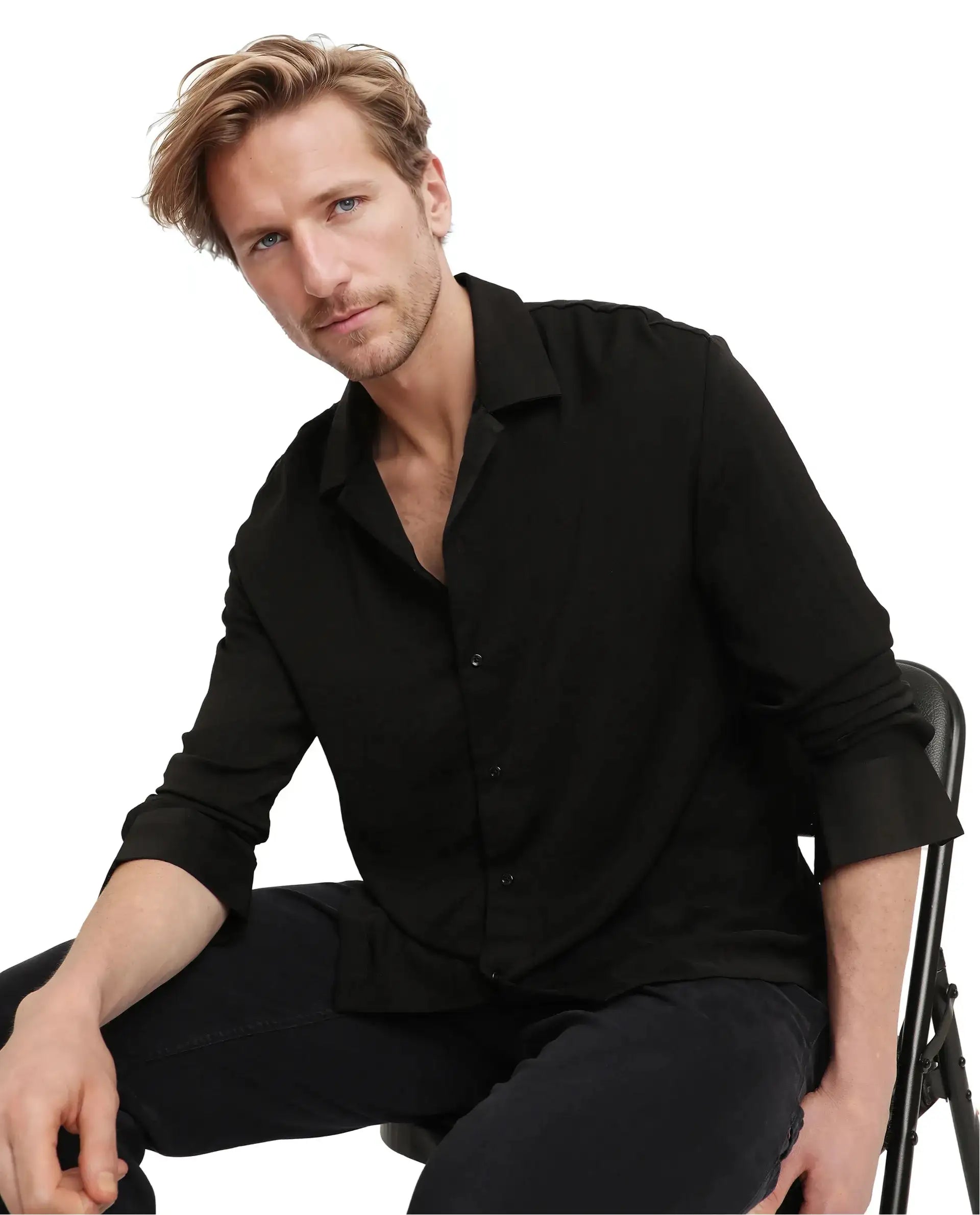 Rare Rabbit Articale Men's Enzo Black Polyester Fabric Full Sleeve Cuban Collar Slim Fit Solid Shirt