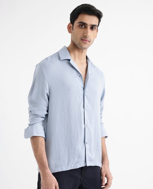 Rare Rabbit Articale Men's Enzo Dusky Blue Polyester Fabric Full Sleeve Cuban Collered Button Closure Slim Fit Solid Shirt