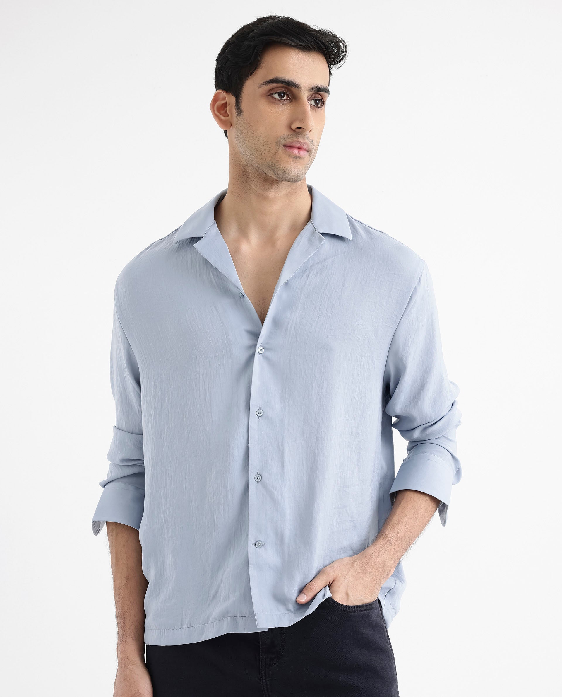 Rare Rabbit Articale Men's Enzo Dusky Blue Polyester Fabric Full Sleeve Cuban Collered Button Closure Slim Fit Solid Shirt