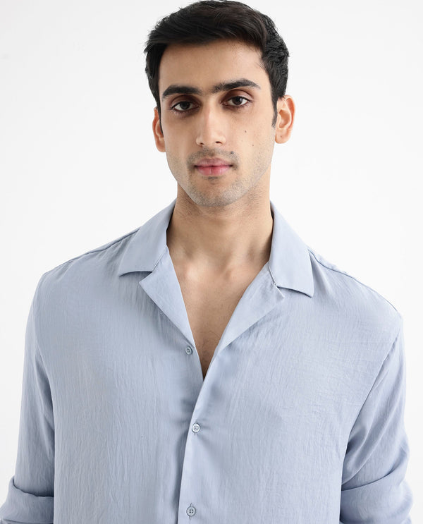 Rare Rabbit Articale Men's Enzo Dusky Blue Polyester Fabric Full Sleeve Cuban Collered Button Closure Slim Fit Solid Shirt