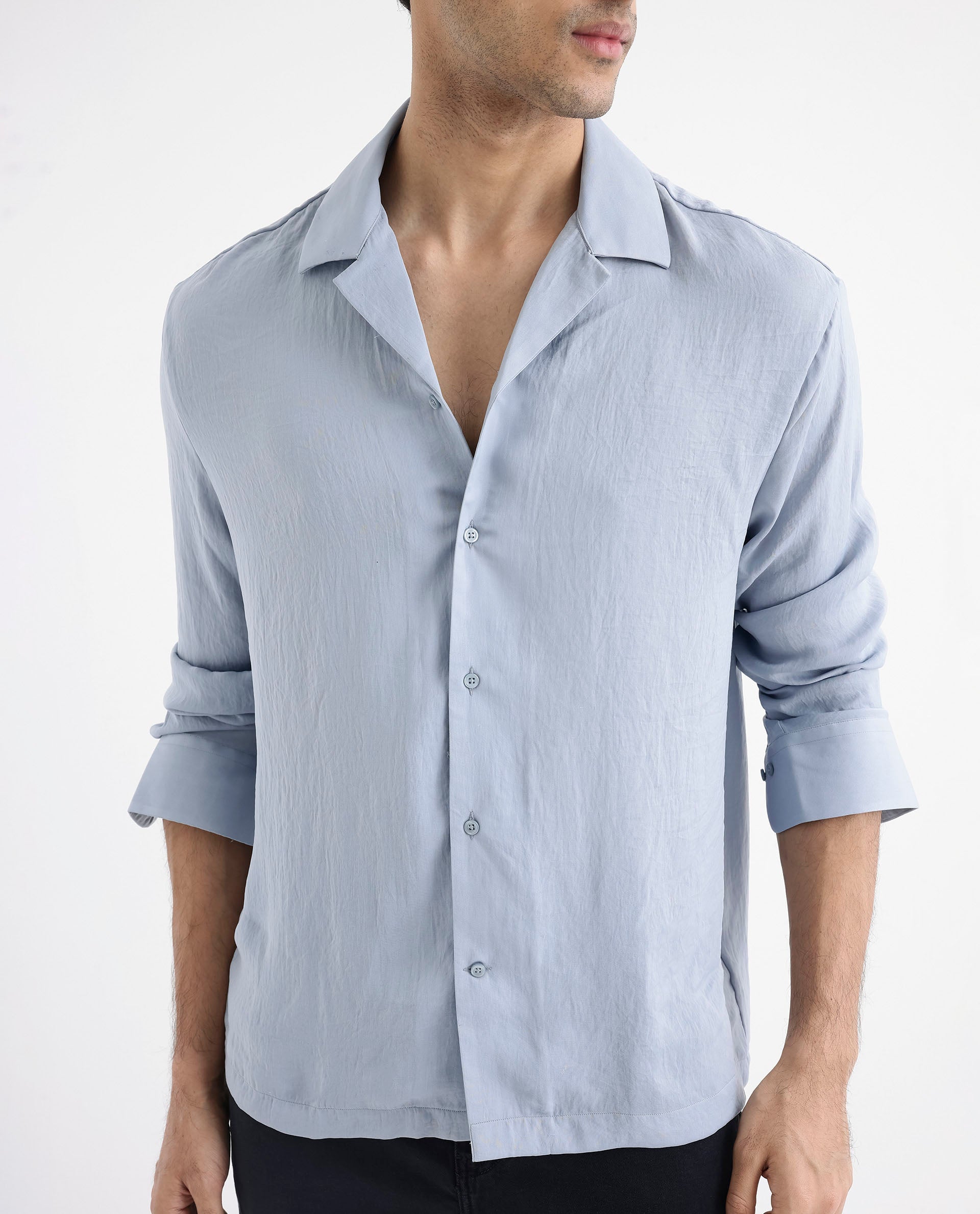 Rare Rabbit Articale Men's Enzo Dusky Blue Polyester Fabric Full Sleeve Cuban Collered Button Closure Slim Fit Solid Shirt