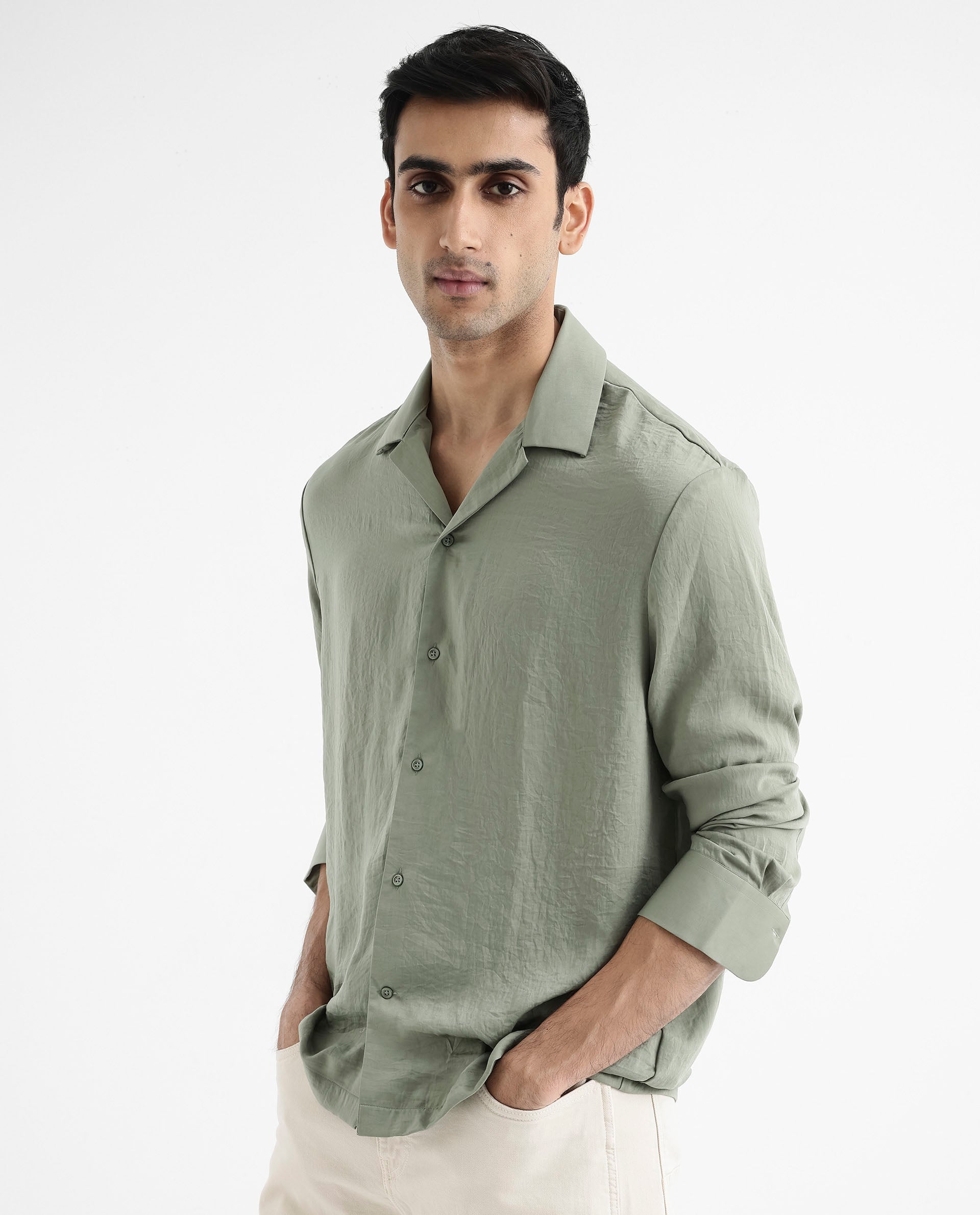 Rare Rabbit Articale Men's Enzo Dusky Green Polyester Fabric Full Sleeve Collared Neck Button Closure Slim Fit Solid Shirt