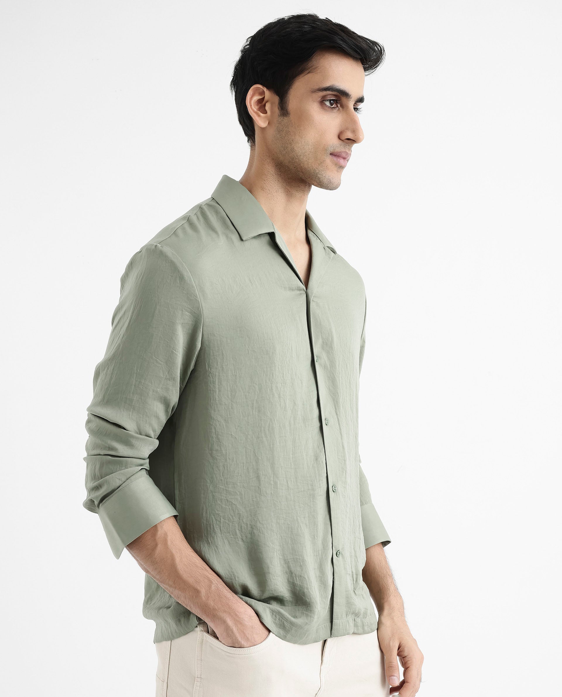 Rare Rabbit Articale Men's Enzo Dusky Green Polyester Fabric Full Sleeve Collared Neck Button Closure Slim Fit Solid Shirt