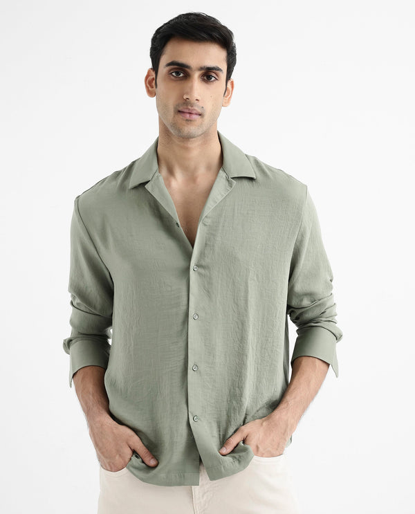 Rare Rabbit Articale Men's Enzo Dusky Green Polyester Fabric Full Sleeve Collared Neck Button Closure Slim Fit Solid Shirt