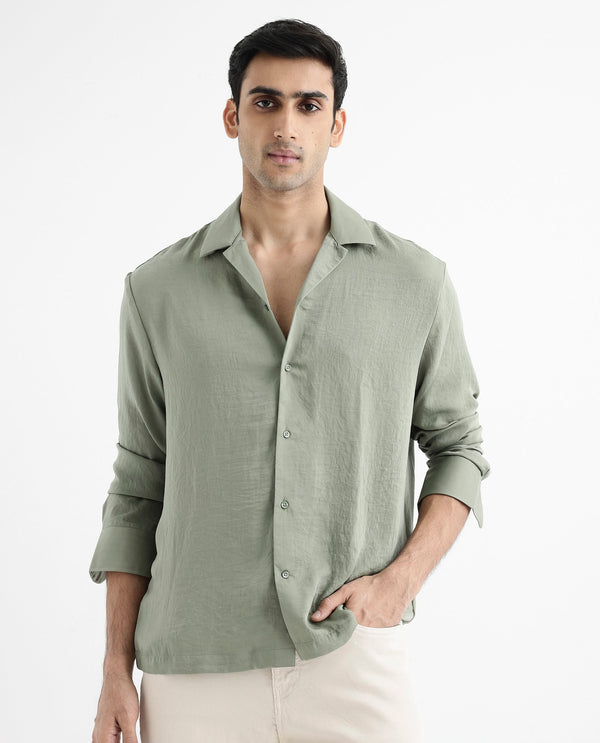 Rare Rabbit Articale Men's Enzo Dusky Green Polyester Fabric Full Sleeve Collared Neck Button Closure Slim Fit Solid Shirt