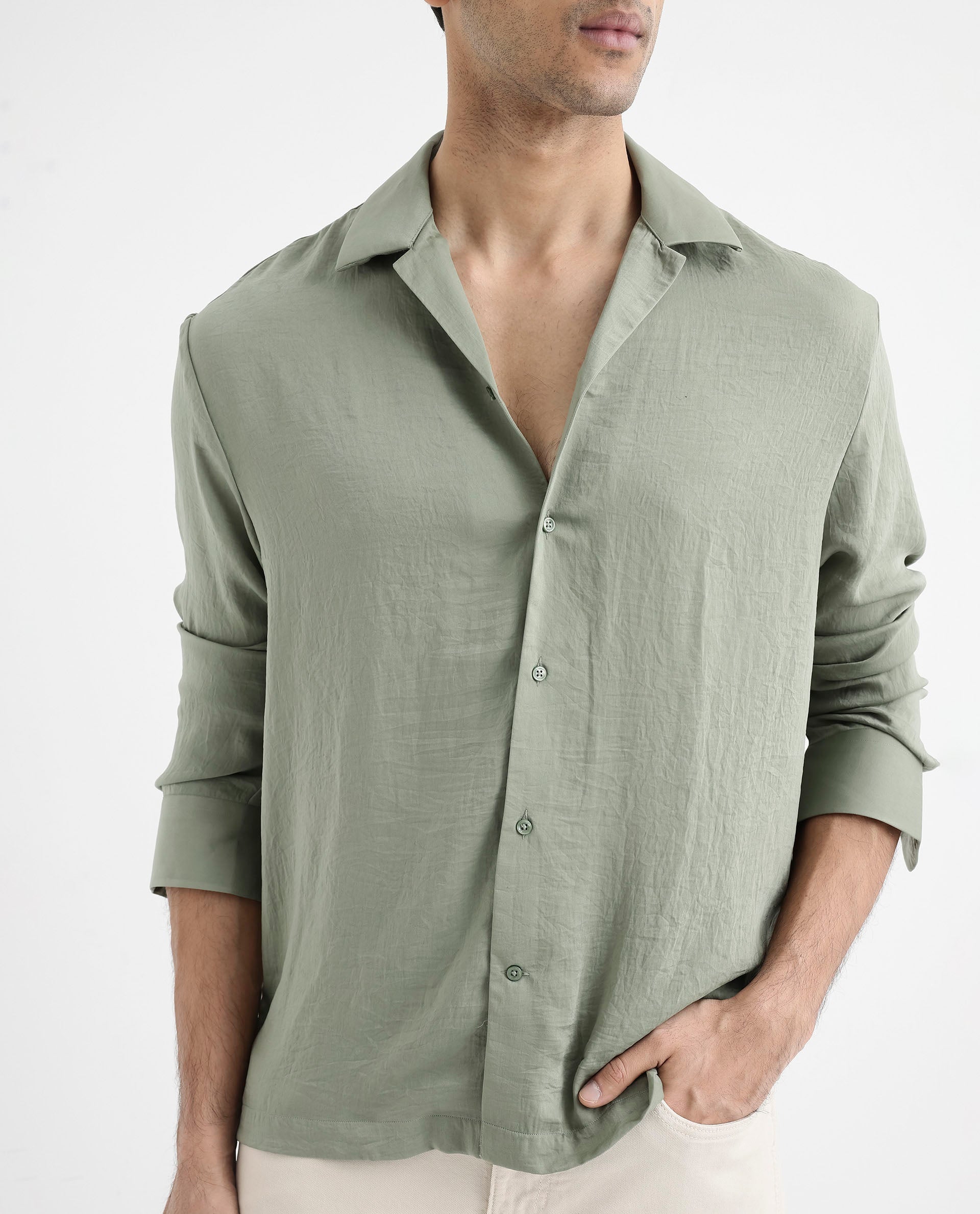 Rare Rabbit Articale Men's Enzo Dusky Green Polyester Fabric Full Sleeve Collared Neck Button Closure Slim Fit Solid Shirt