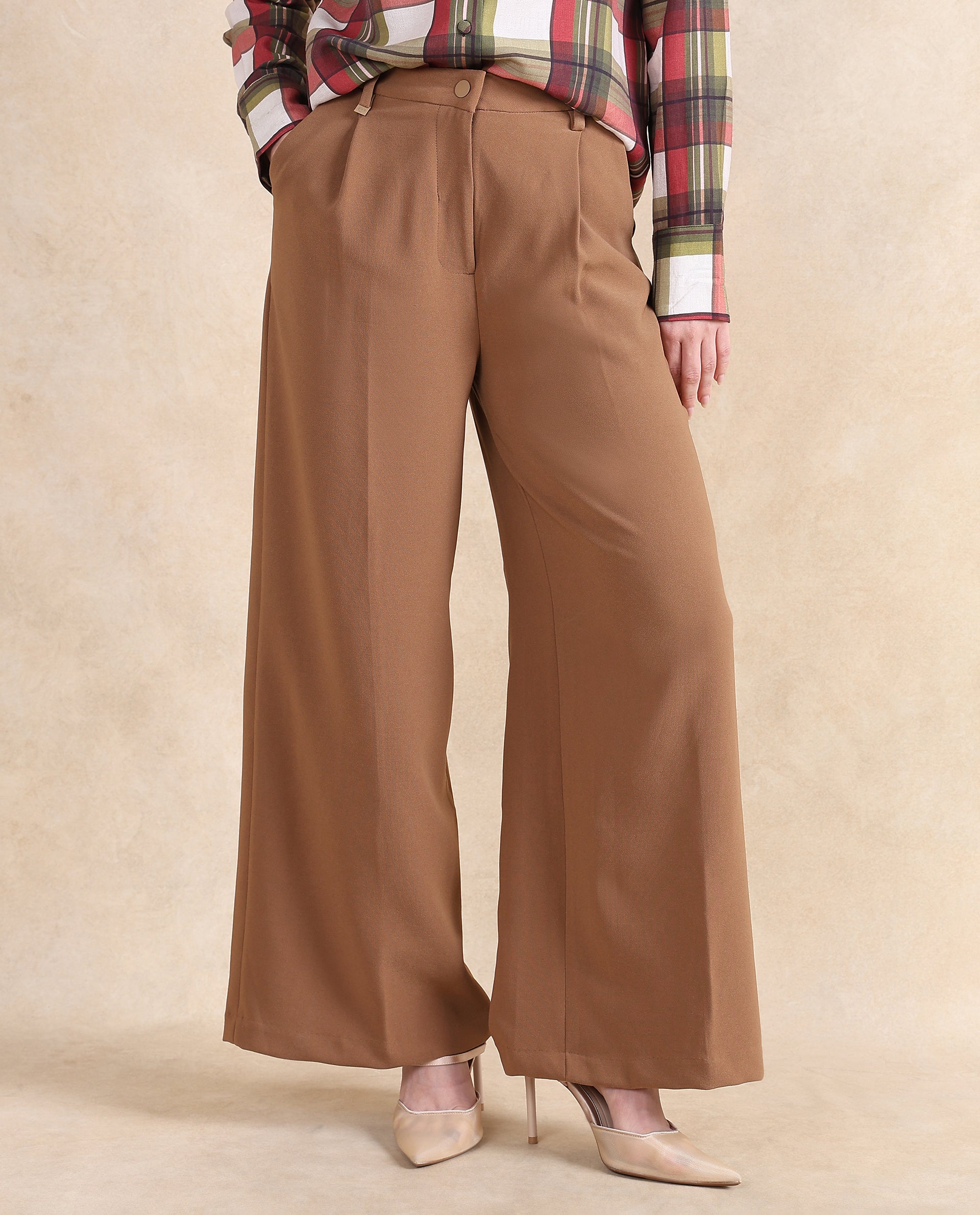 Rareism Women Erica Beige Button Closure Wide Fit Ankle Length Plain Trouser