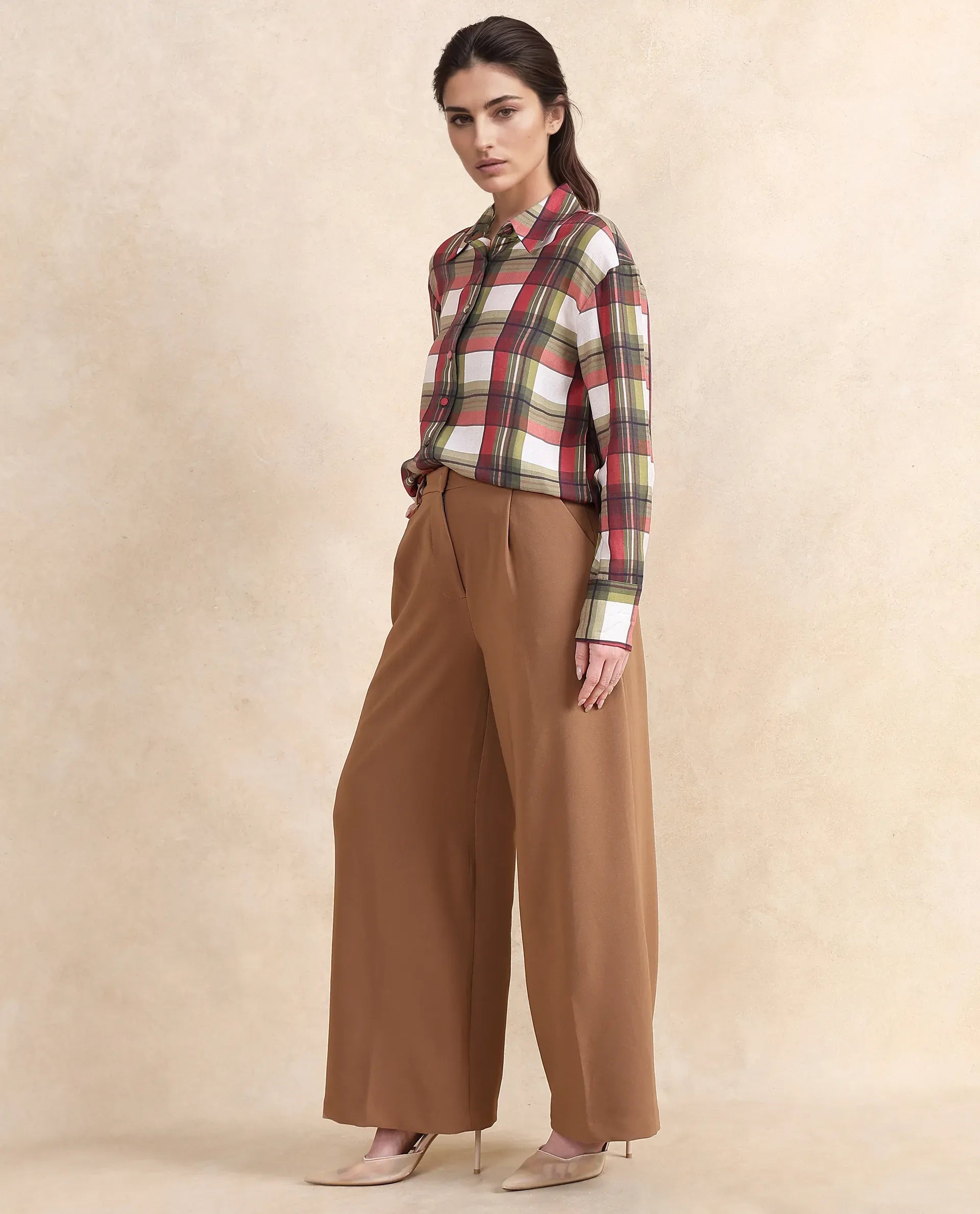Rareism Women Erica Beige Button Closure Wide Fit Ankle Length Plain Trouser