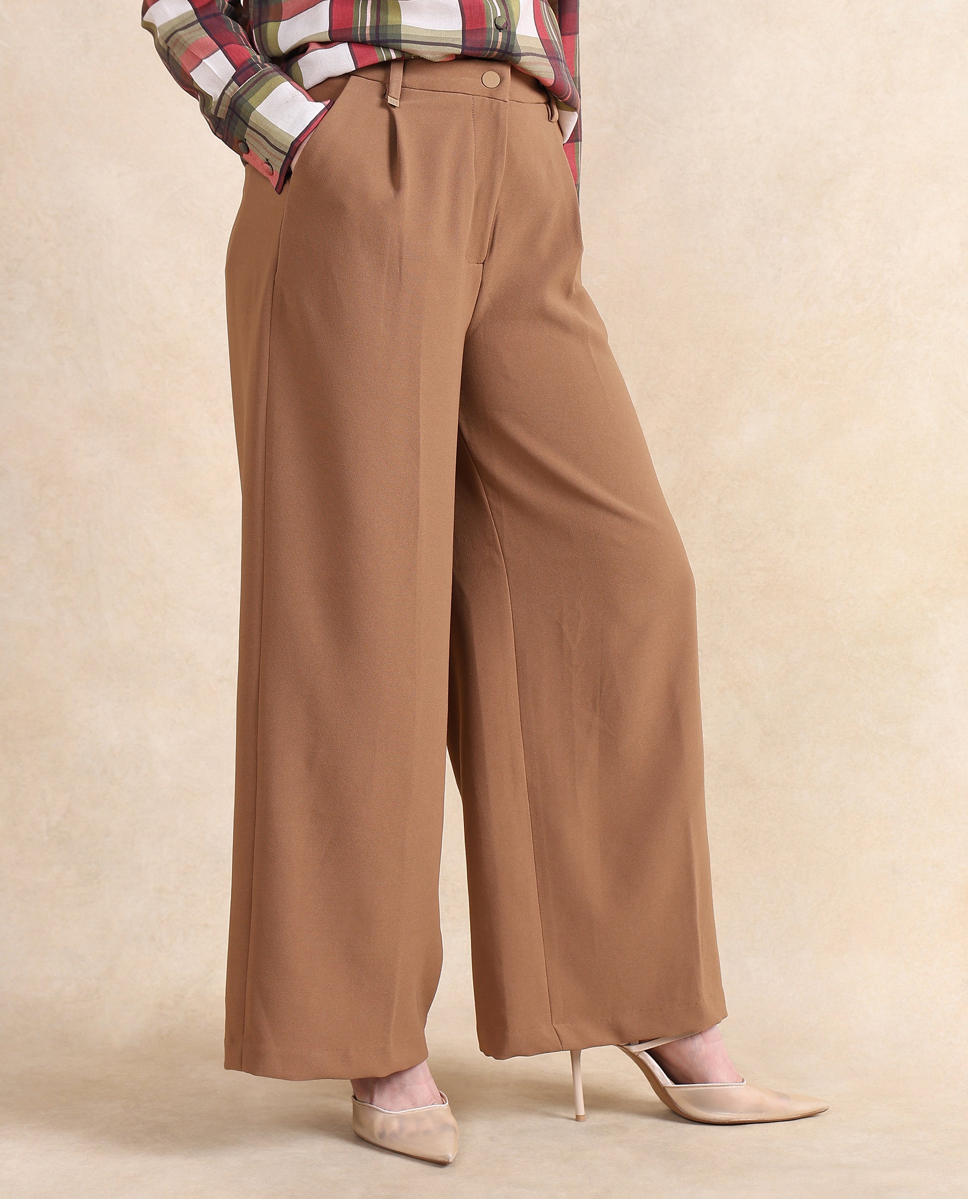 Rareism Women Erica Beige Button Closure Wide Fit Ankle Length Plain Trouser