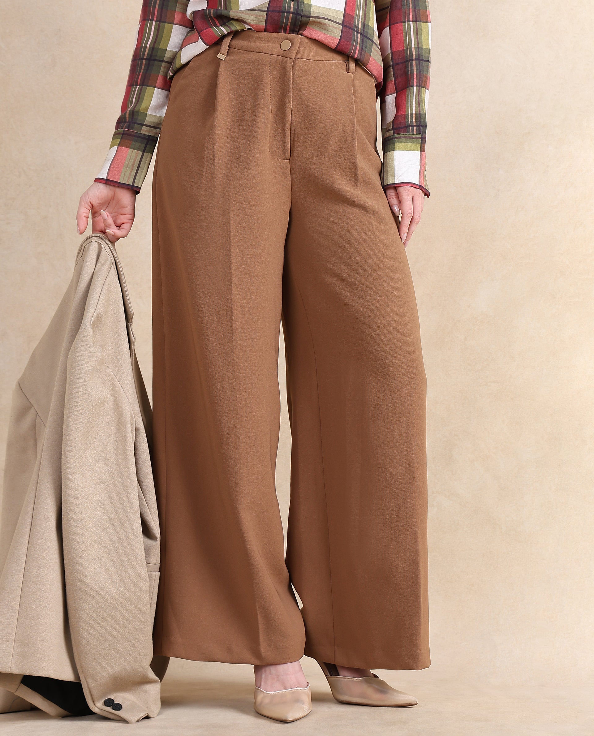 Rareism Women Erica Beige Button Closure Wide Fit Ankle Length Plain Trouser