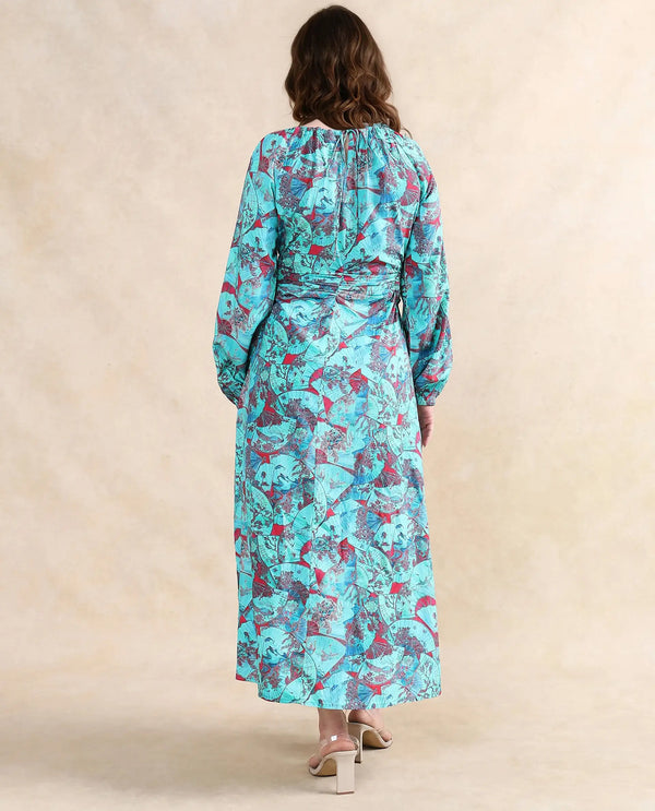 Rareism Women's Eritram Multi Viscose Fabric Crew Neck  Puff Sleeve Abstract A-Line Maxi Dress