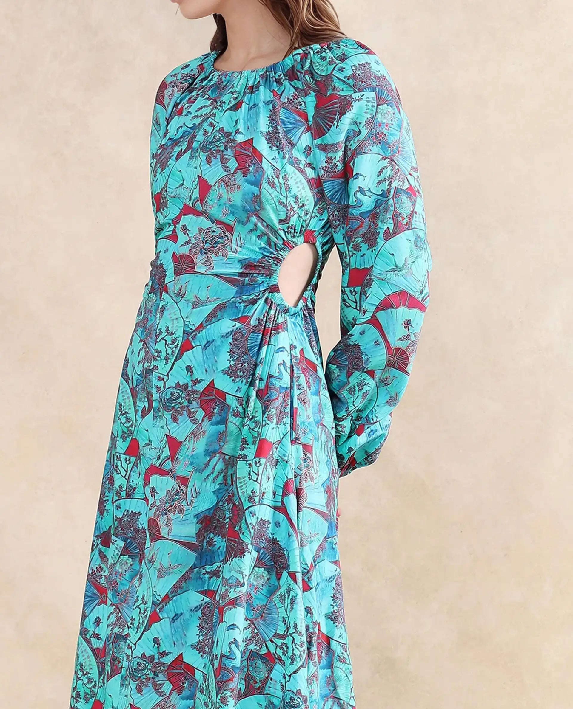 Rareism Women's Eritram Multi Viscose Fabric Crew Neck  Puff Sleeve Abstract A-Line Maxi Dress